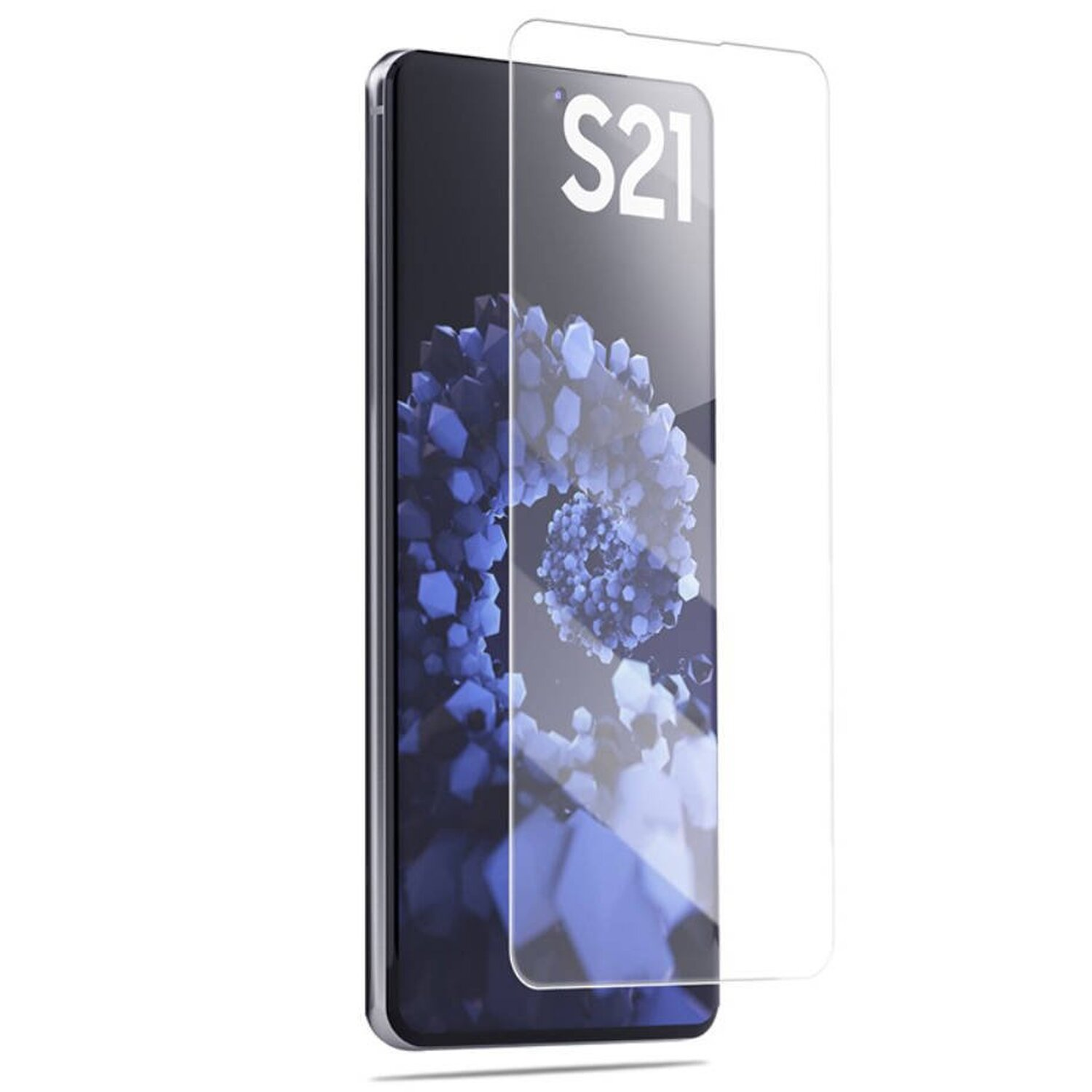 Schwarzes Smartphone mit angebrachtem Displayschutz. S21-Text ist sichtbar.
