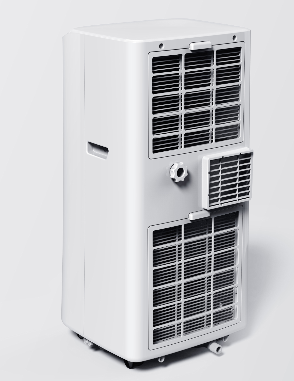 Condizionatore portatile bianco con prese d'aria, manopola e ruote, su sfondo bianco.