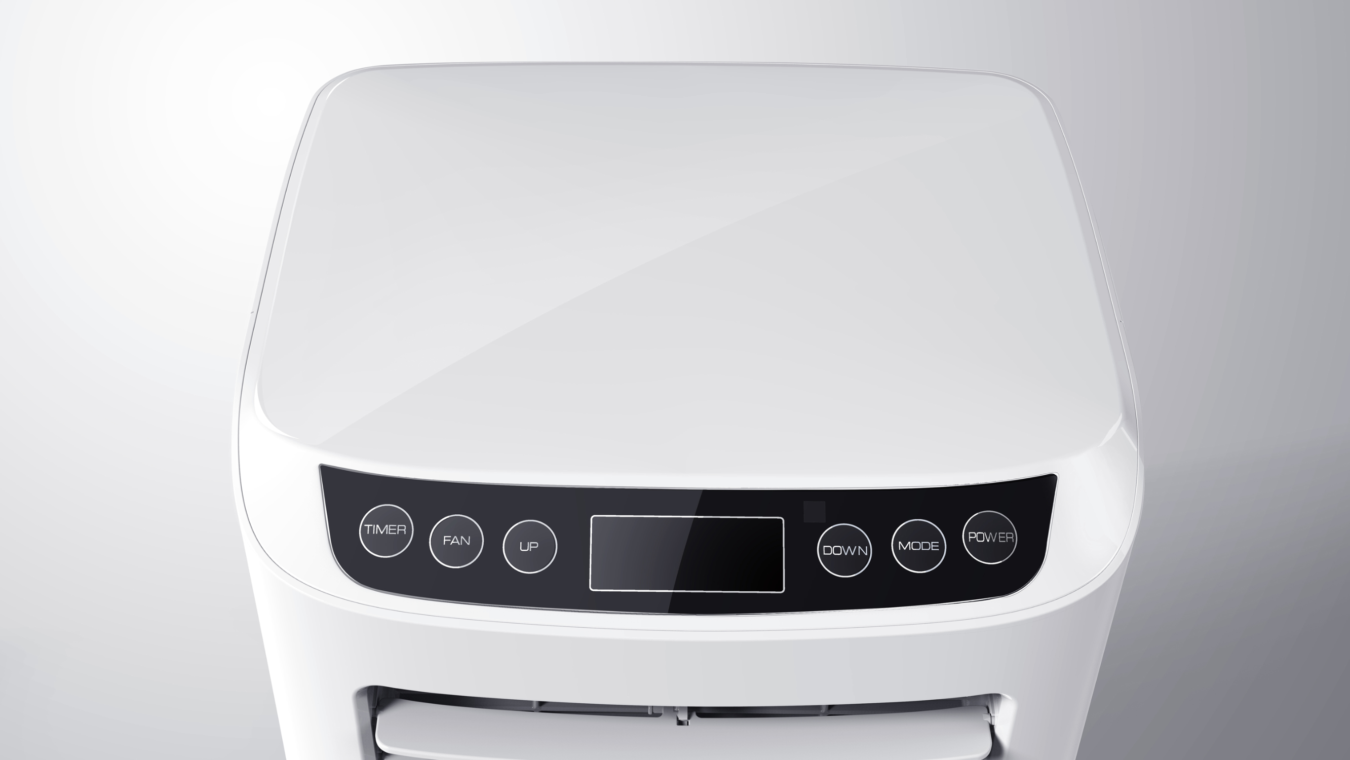 Elettrodomestico bianco con schermo e pulsanti. Ha le etichette 'TIMER', 'FAN', 'UP', 'DOWN', 'MODE' e 'POWER'.