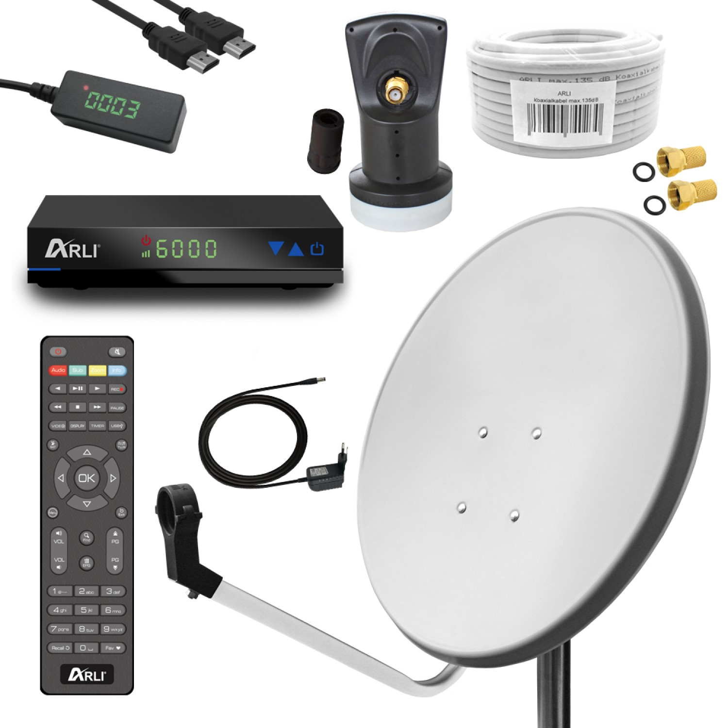 ARLI Satelliten Set Receiver Single cm, Sat (60 10m LNB) + Kabel Anlage