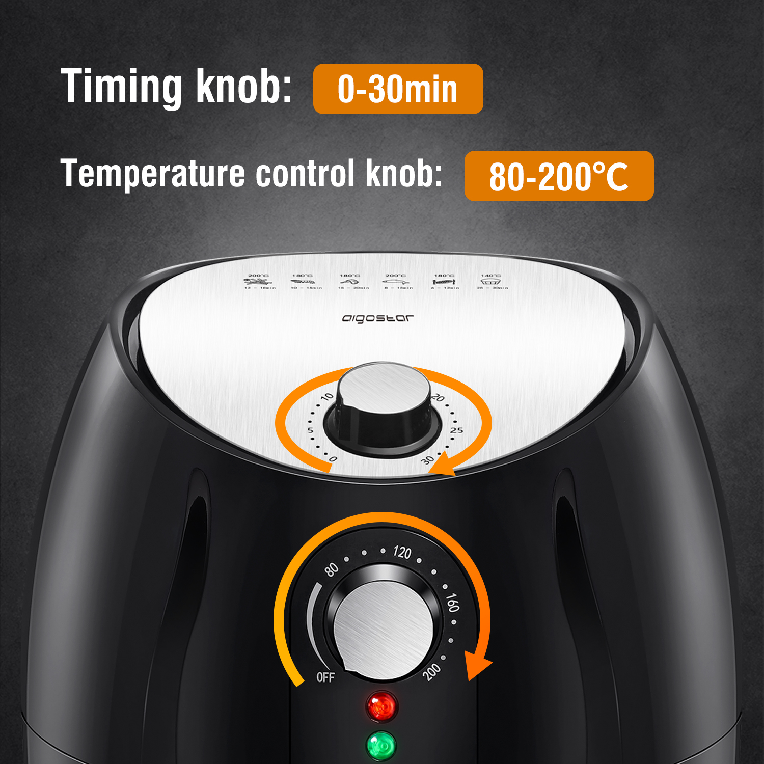 Die Bedienelemente einer Heißluftfritteuse sind sichtbar. Der Timer ist auf 0-30 Minuten und die Temperatur auf 80-200°C eingestellt.