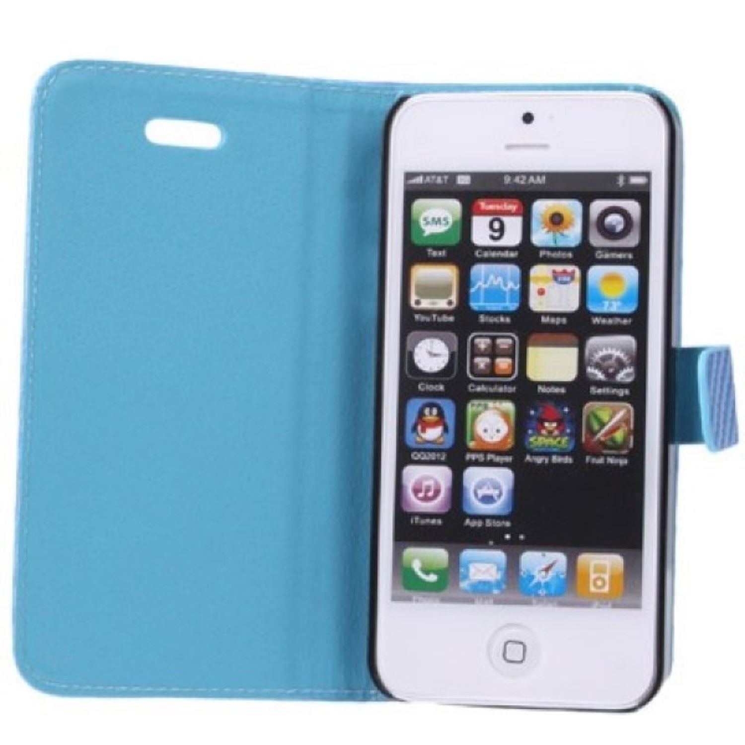 Weißes iPhone in einem hellblauen Folio-Case. Der Bildschirm zeigt App-Symbole.