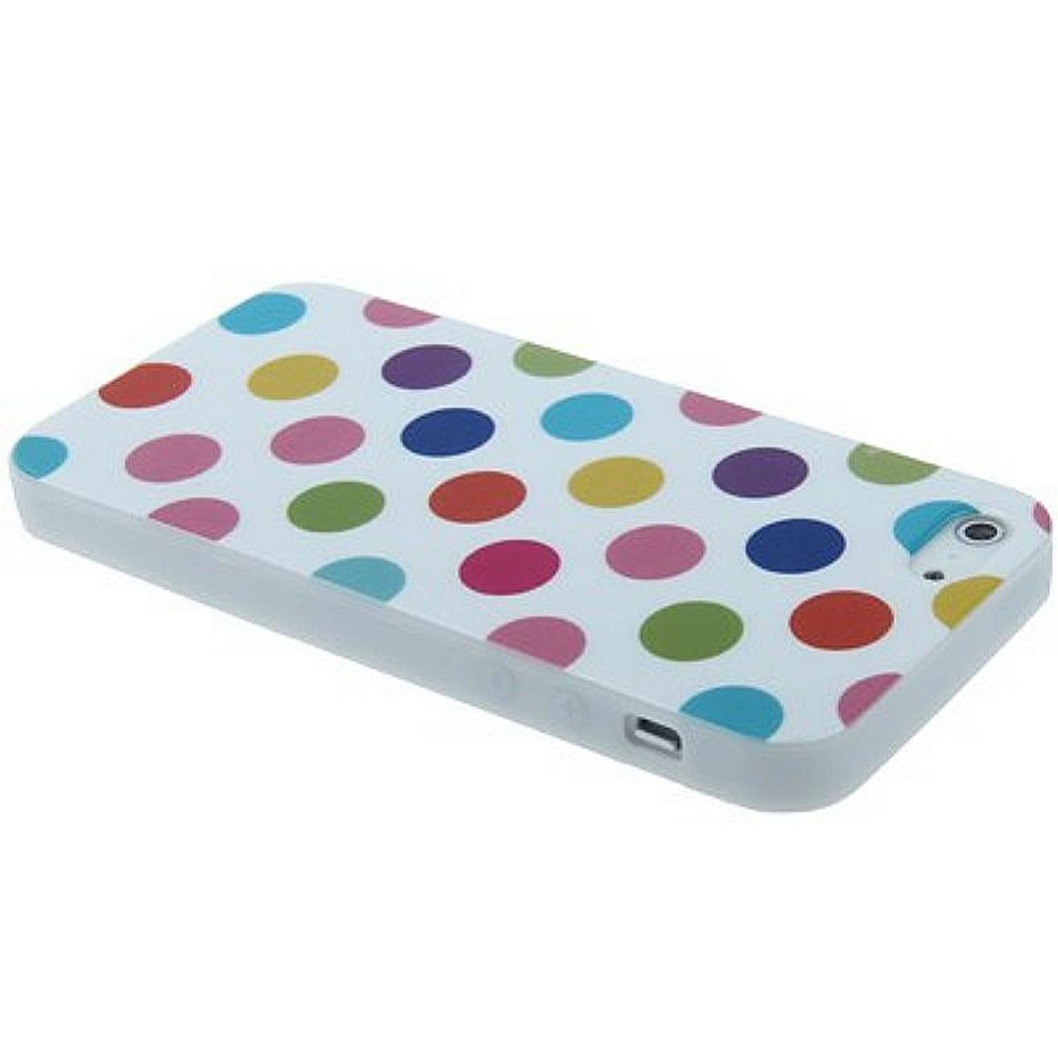 Weißes Handycase mit bunten Polka Dots.