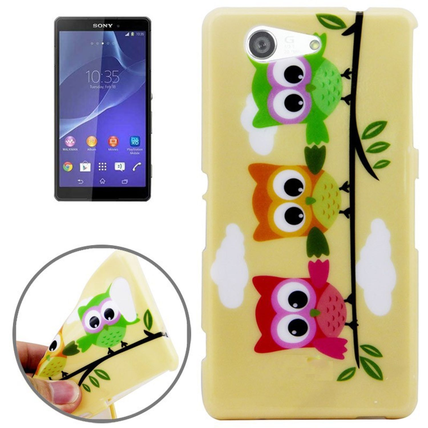Gelbe Handyhülle mit Eulen-Design. Telefon sichtbar. Die Hülle hat drei Eulen.