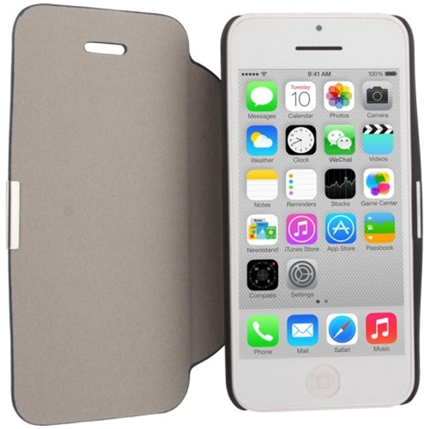 Ein weißes iPhone mit einer Flip-Hülle, die Hülle ist grau, und der Bildschirm ist an.