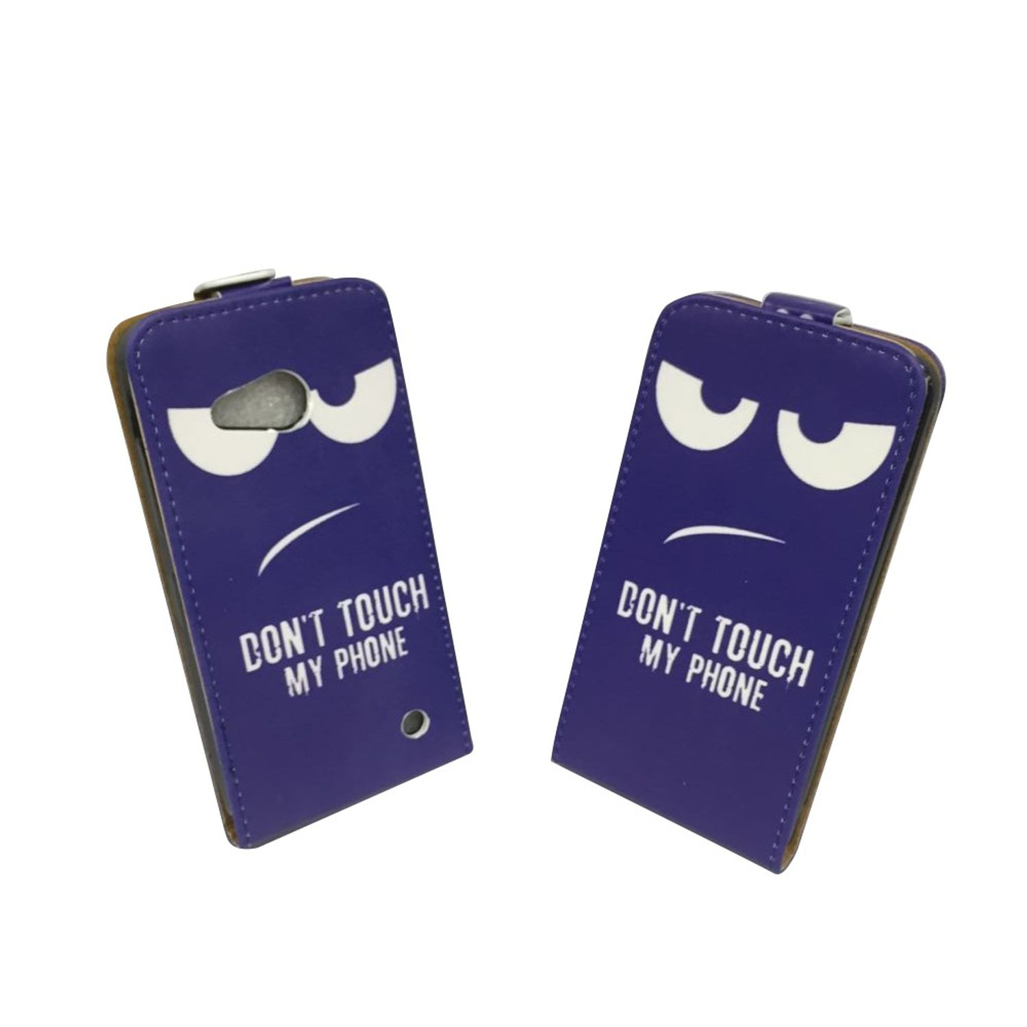 Zwei blaue Handyhüllen mit wütenden Gesichtern und dem Text "DON'T TOUCH MY PHONE".