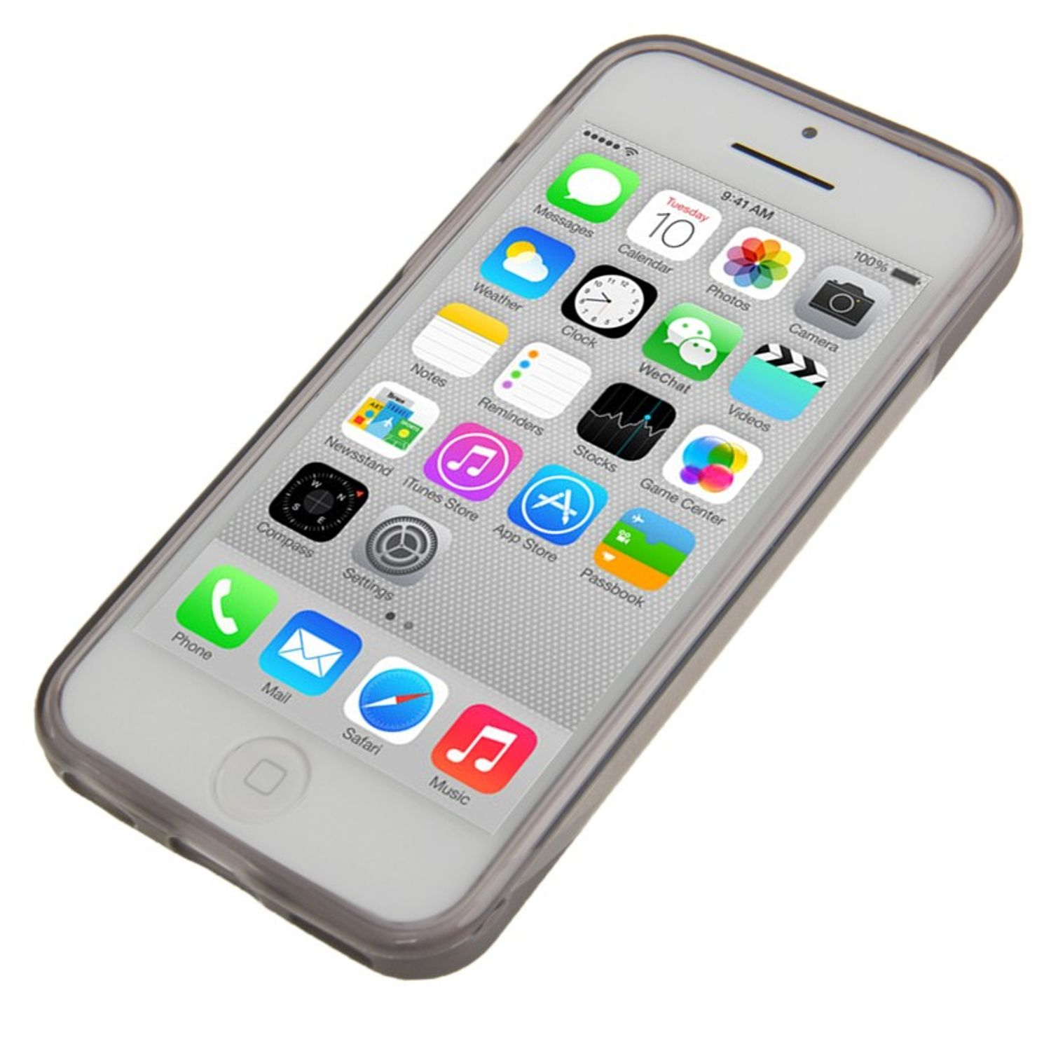 Weißes iPhone mit durchsichtiger Hülle. Der Bildschirm zeigt verschiedene App-Symbole an.