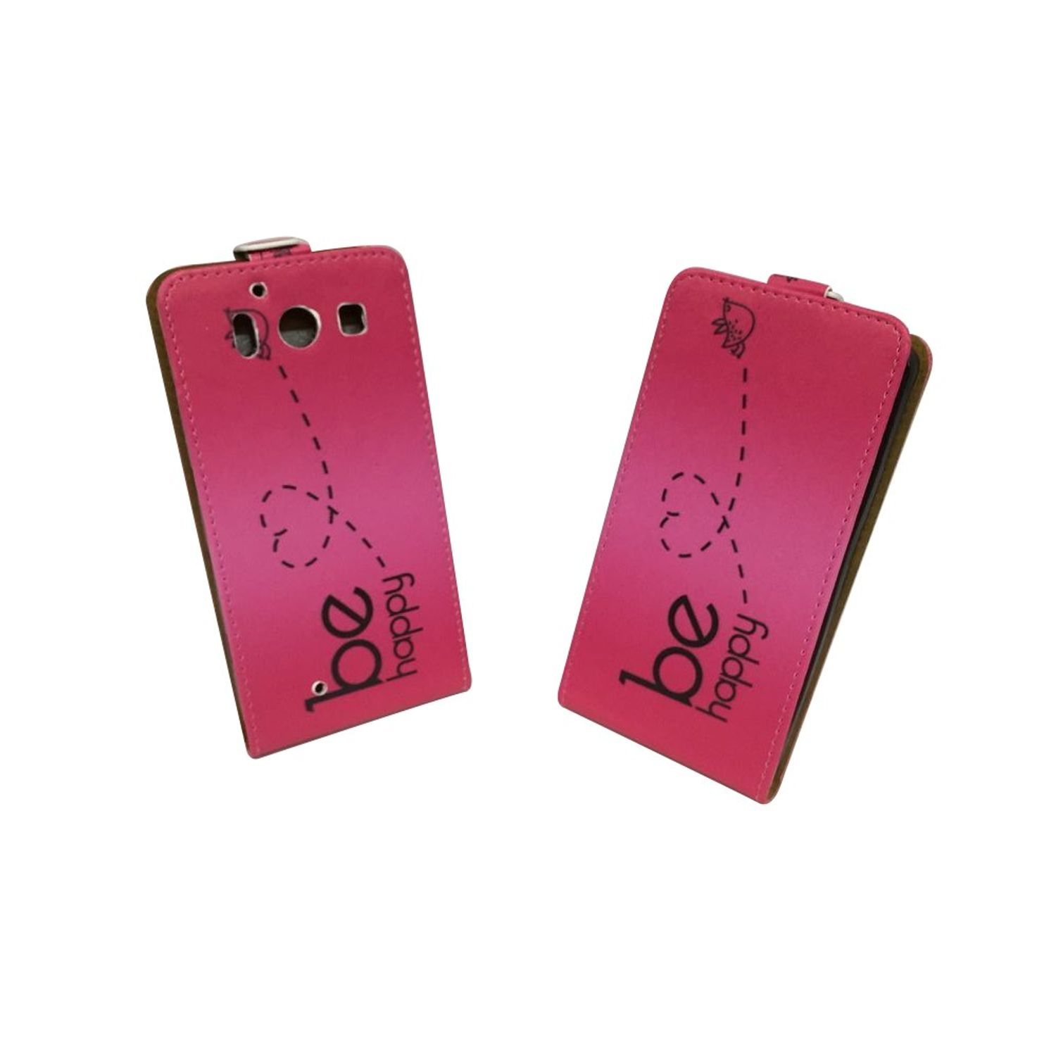 Zwei pinkfarbene Handyhüllen mit dem Text "be happy" auf weißem Hintergrund. Eine hat ein Bienen-Design.