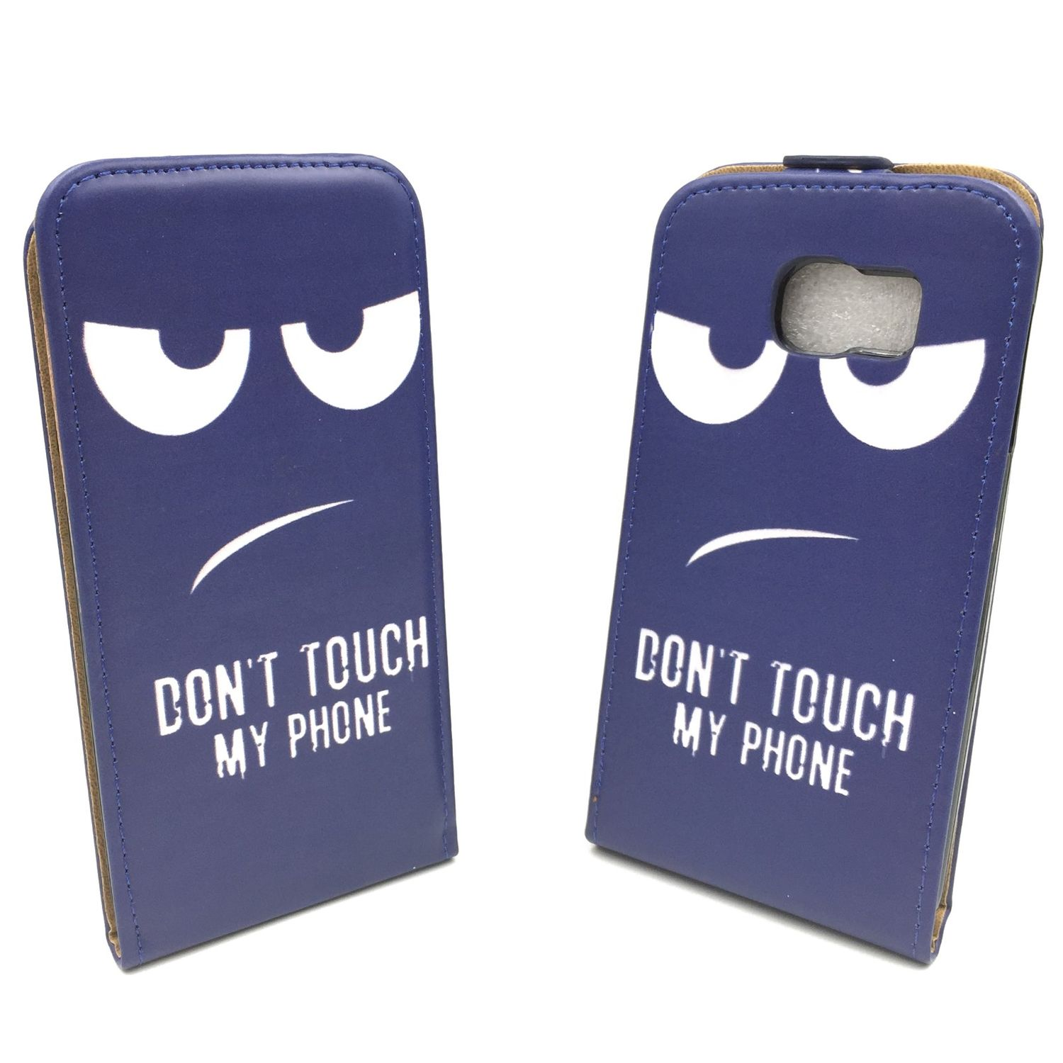 Zwei blaue Handyhüllen mit einem wütenden Gesichtsdesign und dem Text 'DON'T TOUCH MY PHONE'.