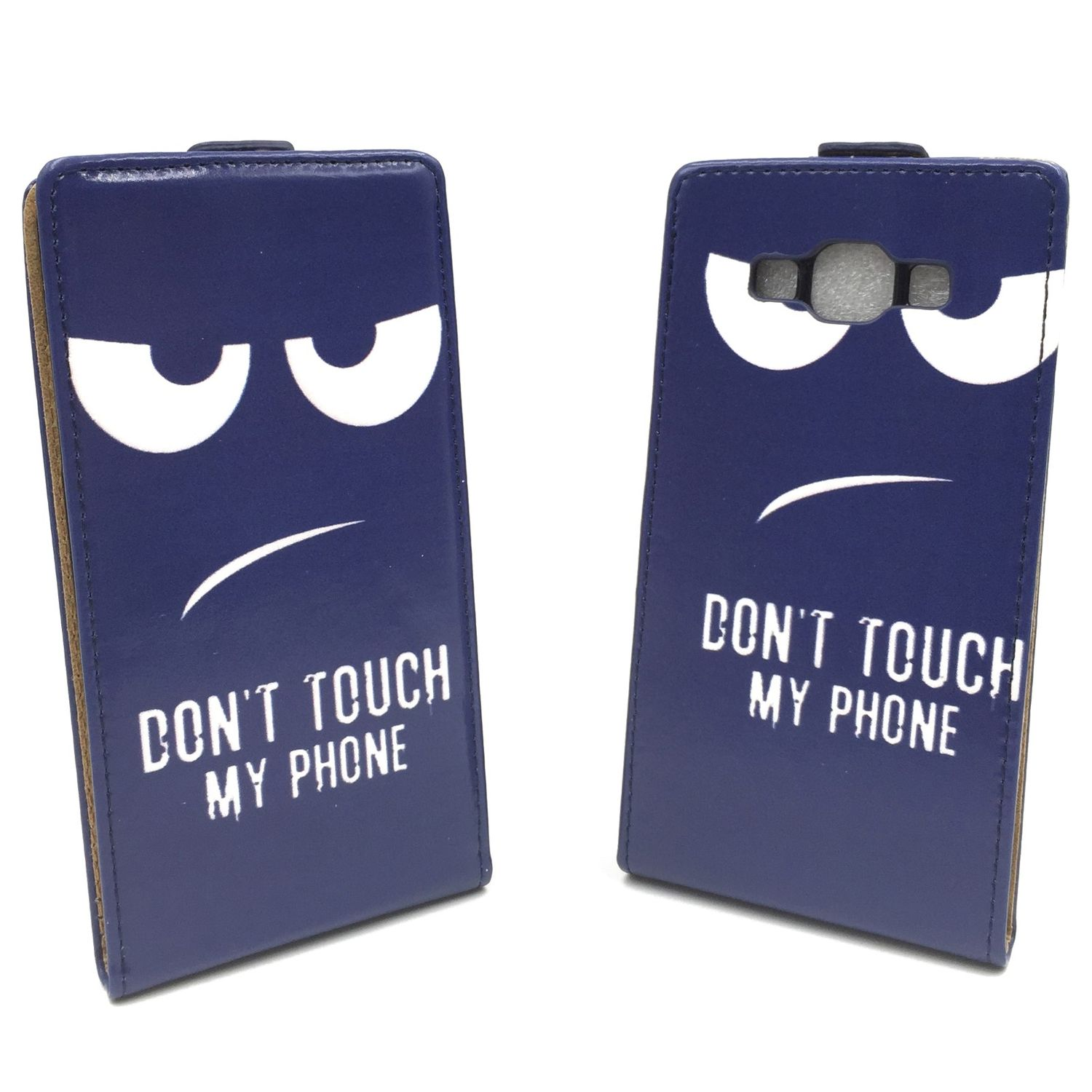 Zwei blaue Handyhüllen mit einem wütenden Gesicht. Text: 'DON'T TOUCH MY PHONE'.
