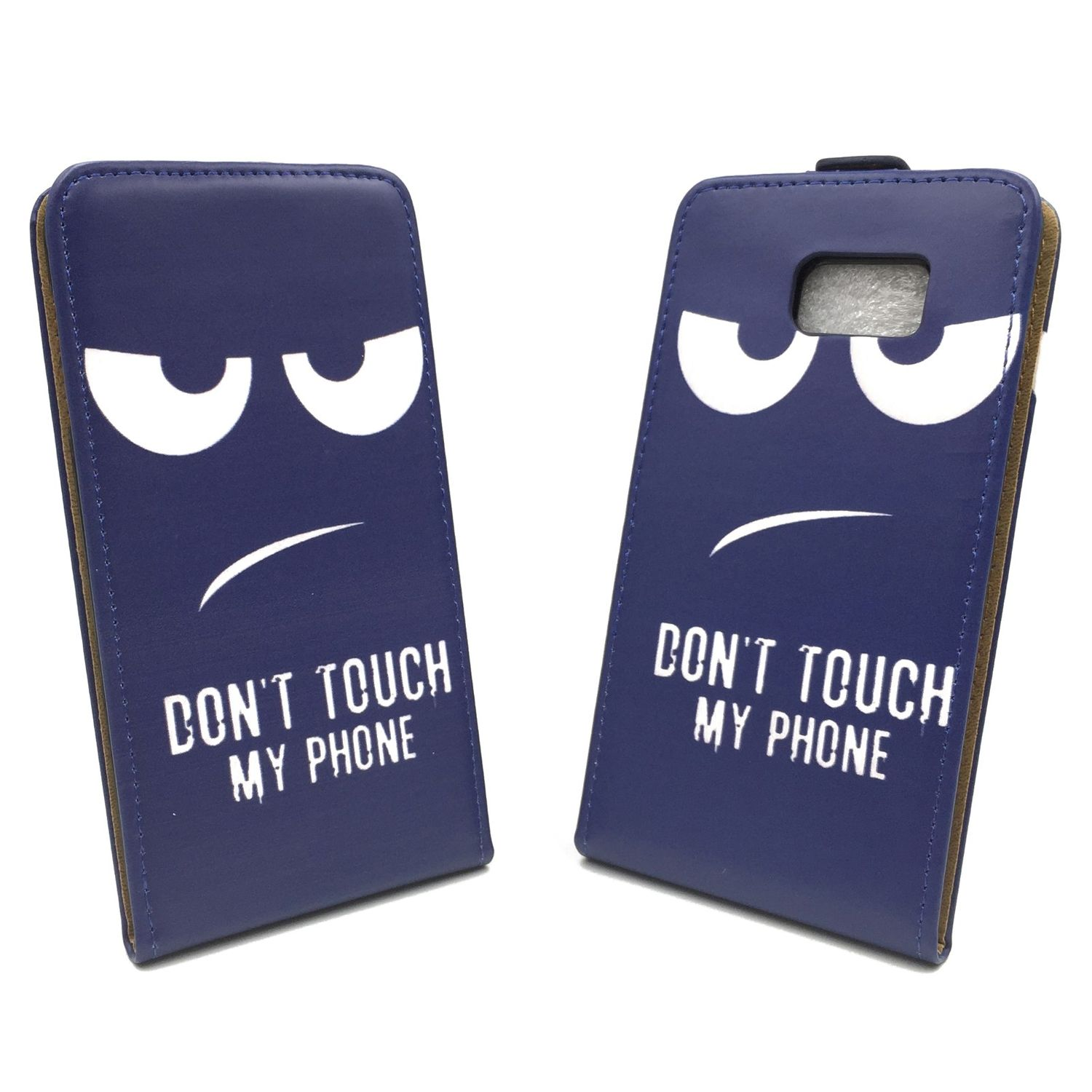 Blaue Handyhüllen mit Gesicht und dem Text 'DON'T TOUCH MY PHONE'.