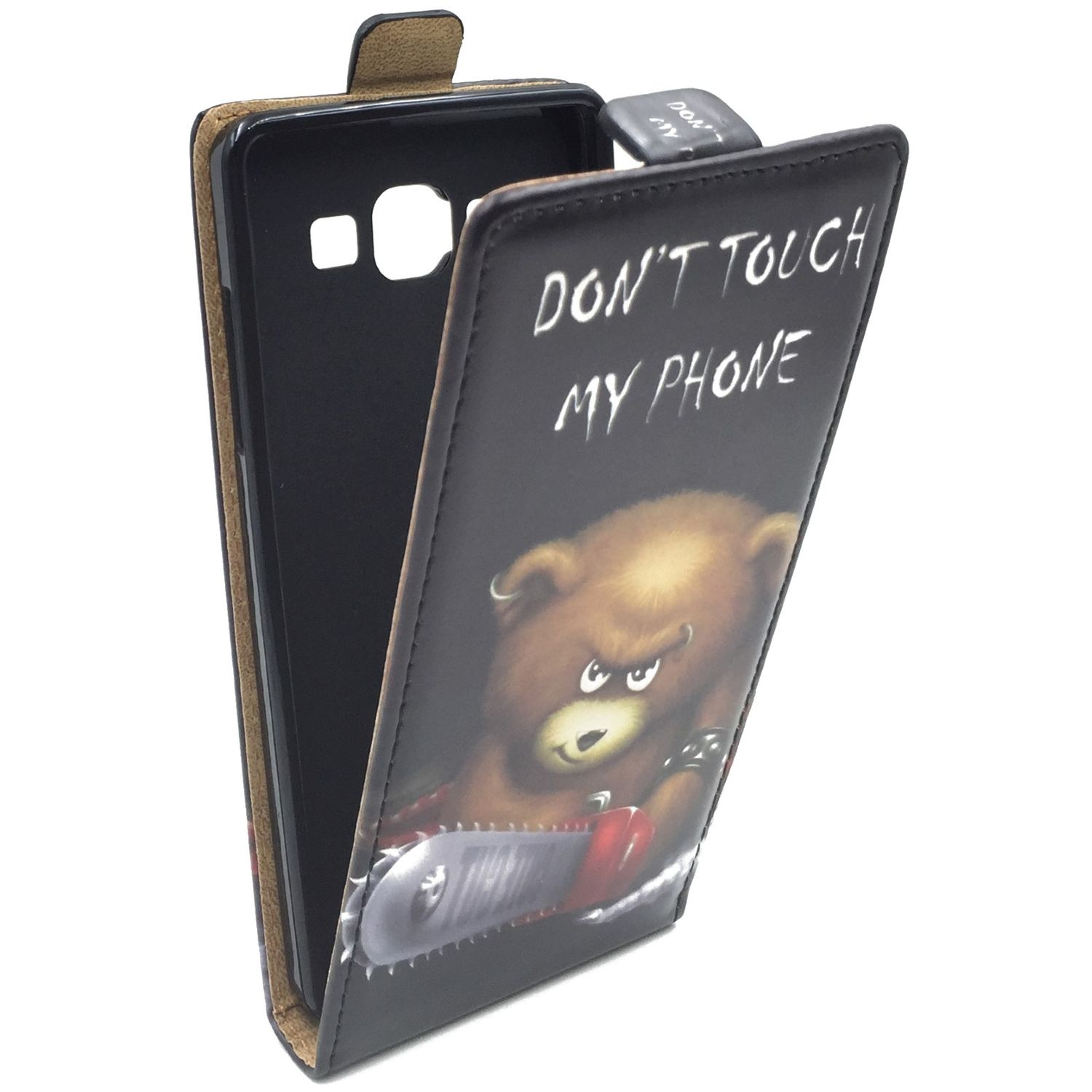 Schwarze Handyhülle mit Bär mit Kettensägen-Design und Text "DON'T TOUCH MY PHONE".
