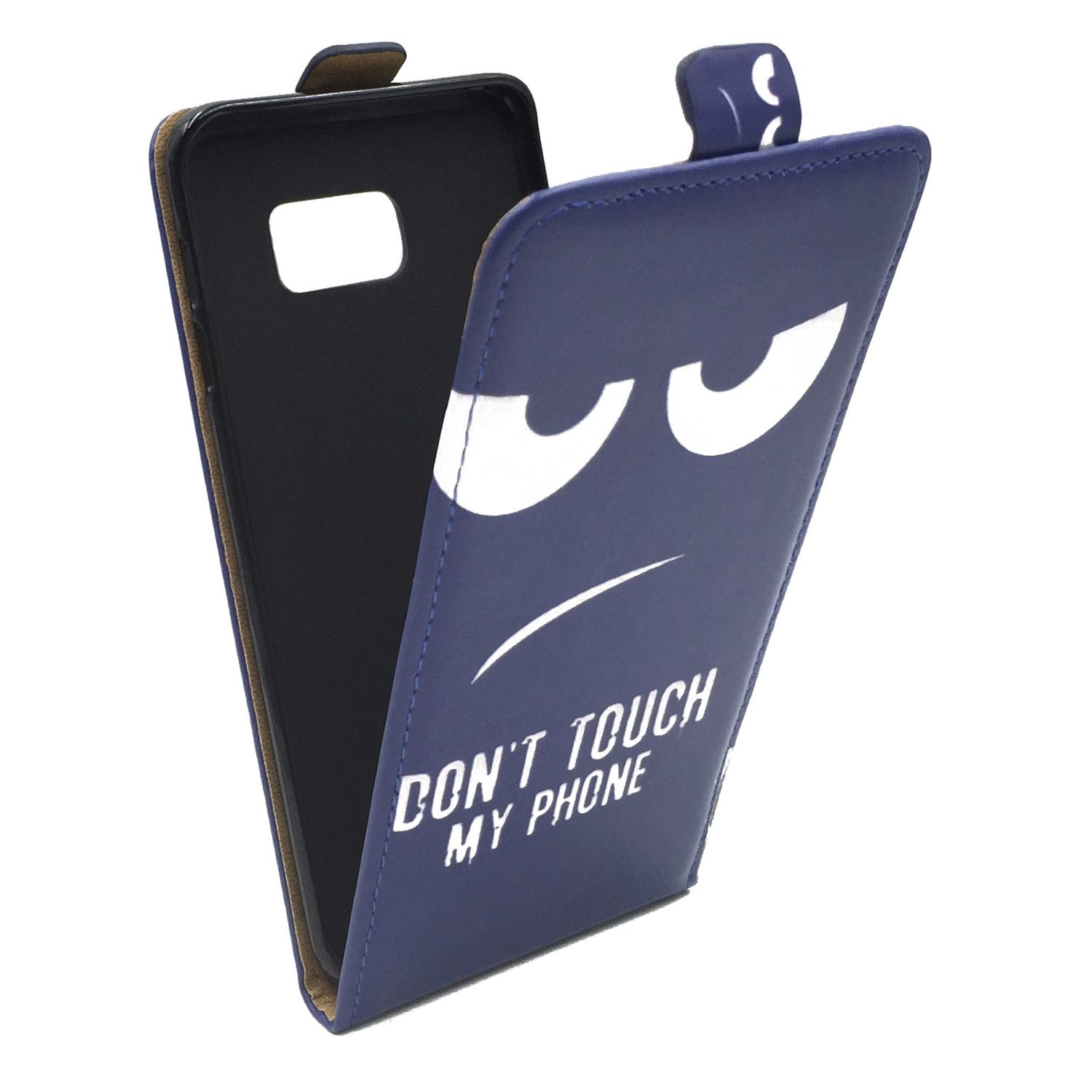 Blaue Handyhülle mit einem wütenden Gesichtsausdruck und dem Text: Berühr mein Handy nicht.
