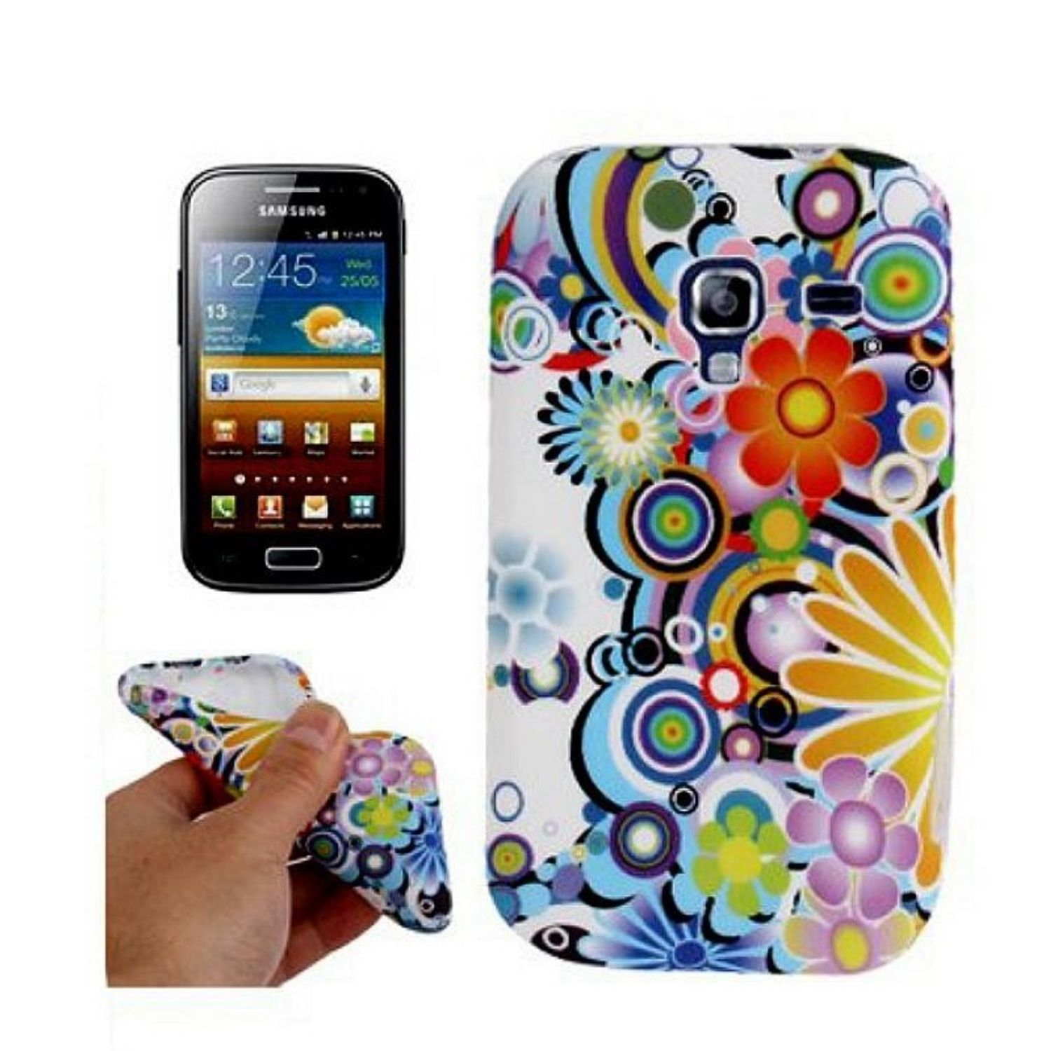 Smartphone mit floralem Muster auf der Hülle, eine Hand hält eine ähnliche Hülle, und ein Samsung-Telefon.