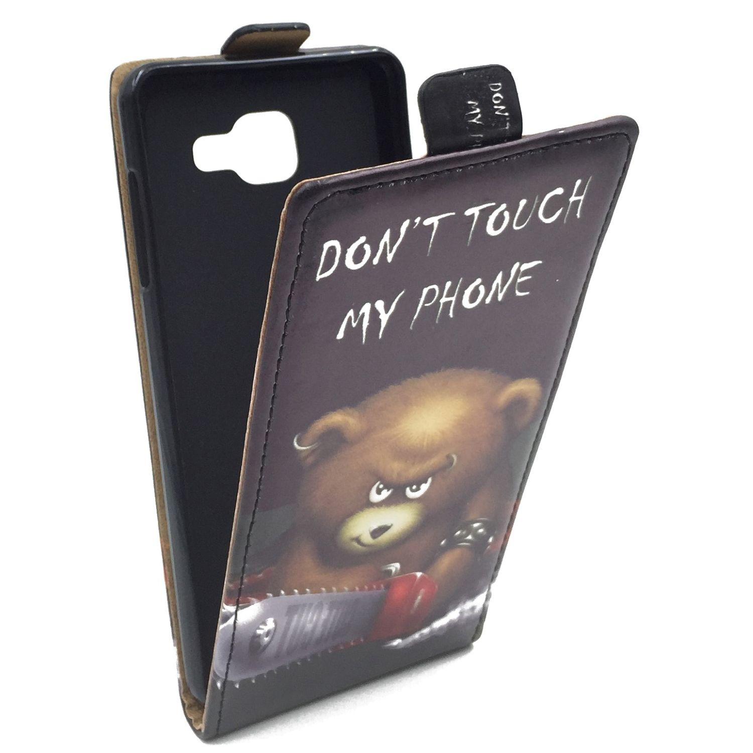 Geöffnete Handyhülle mit einem Cartoon-Bären mit Kettensäge und dem Text 'DON'T TOUCH MY PHONE'.