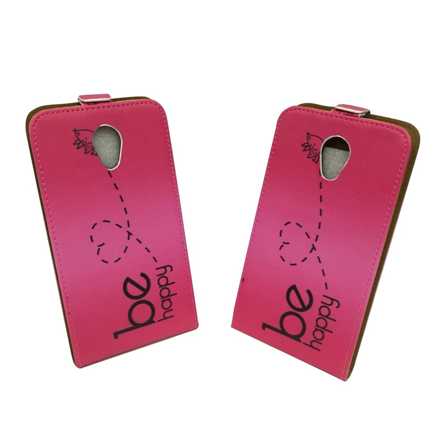 Zwei pinkfarbene Handyhüllen mit Schmetterlingsdesign und dem Text 'be happy'.