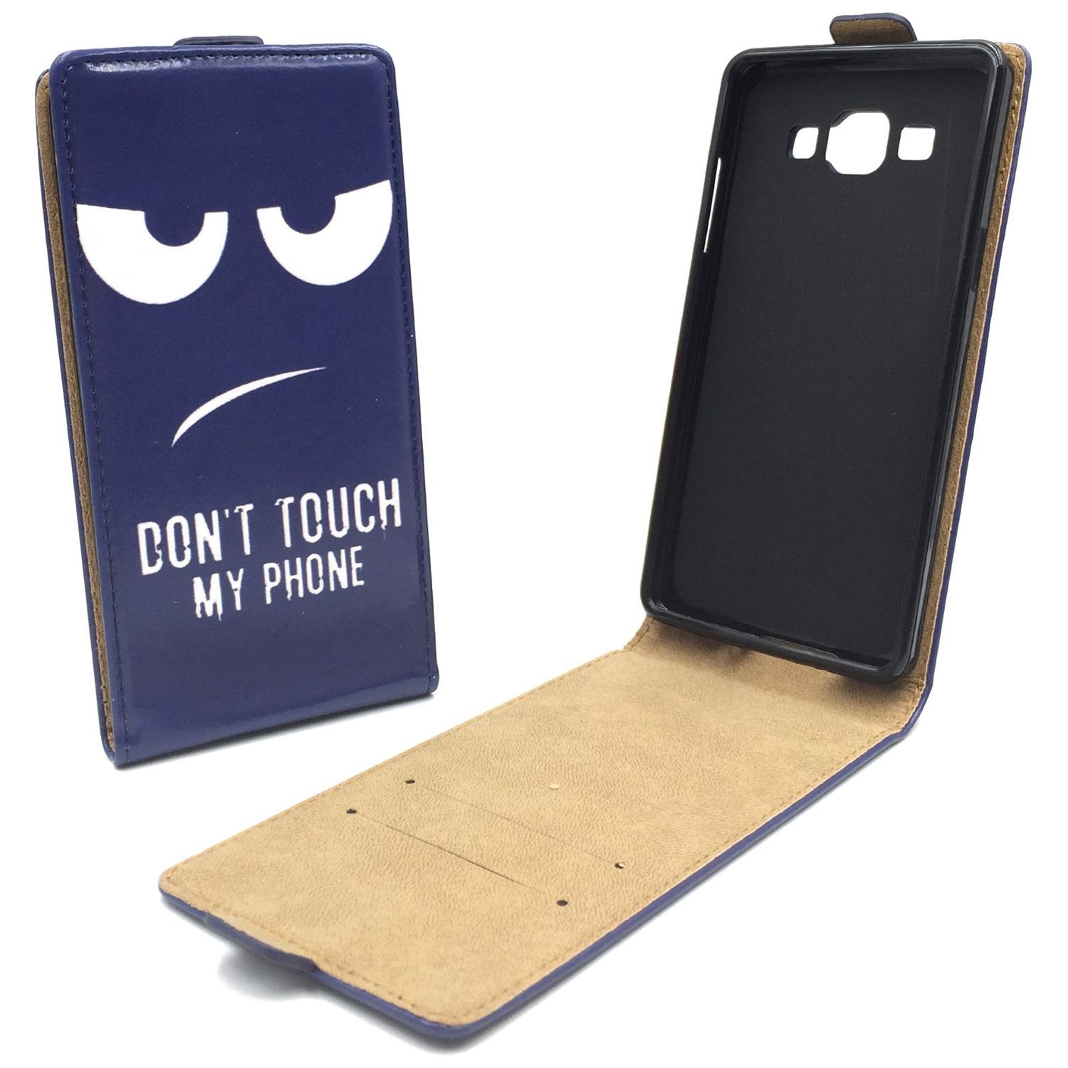 Blaue Handyhülle mit einem wütenden Gesicht. Sie ist geöffnet und zeigt einen schwarzen Telefonhalter.