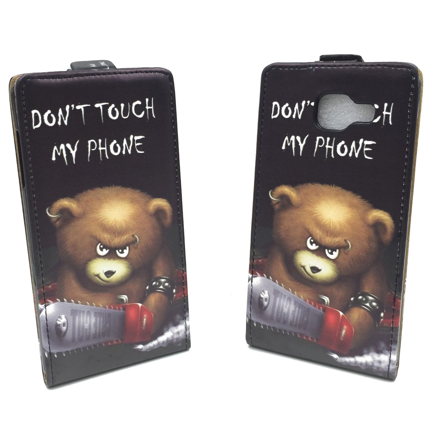 Handyhülle mit einem Cartoon-Bären mit Kettensäge und dem Text "DON'T TOUCH MY PHONE".
