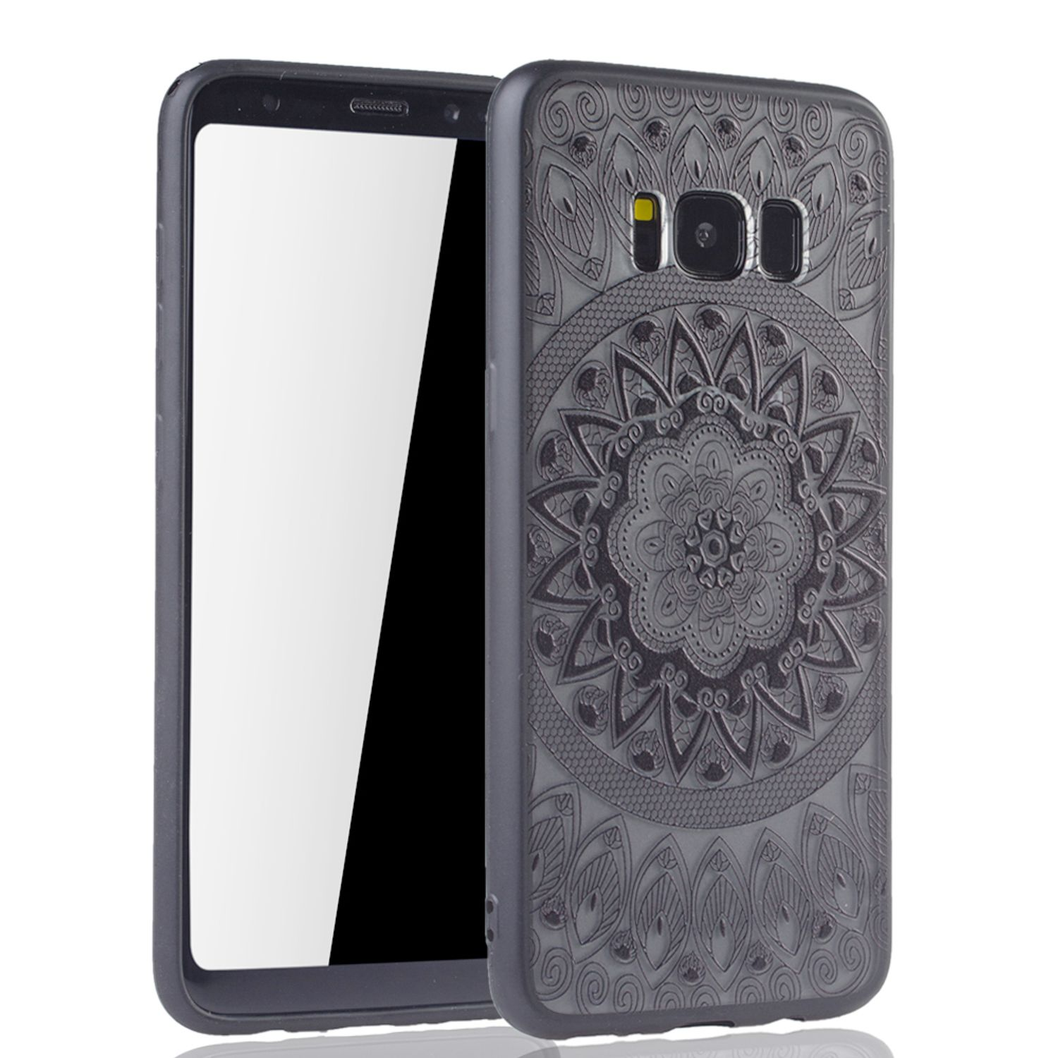 Schwarze Handyhülle mit detailliertem Mandala-Design auf der Rückseite, geöffnet.