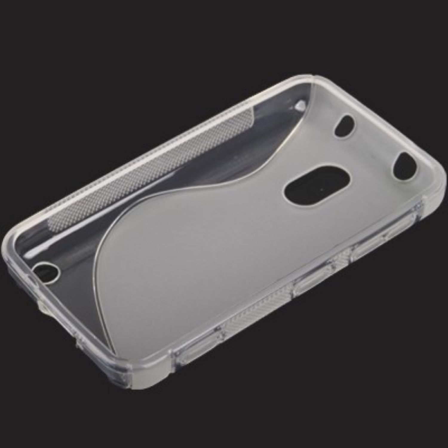 Eine transparente Handyhülle mit wellenförmigem Design auf schwarzem Hintergrund. Löcher für Kamera und Tasten.