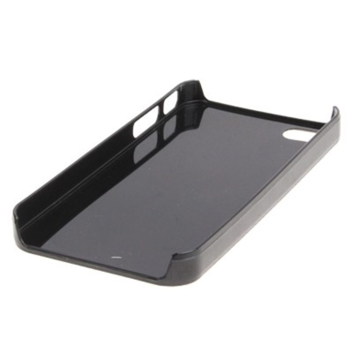 Eine schwarze Handyhülle mit glänzendem Finish. Die Hülle ist leer.