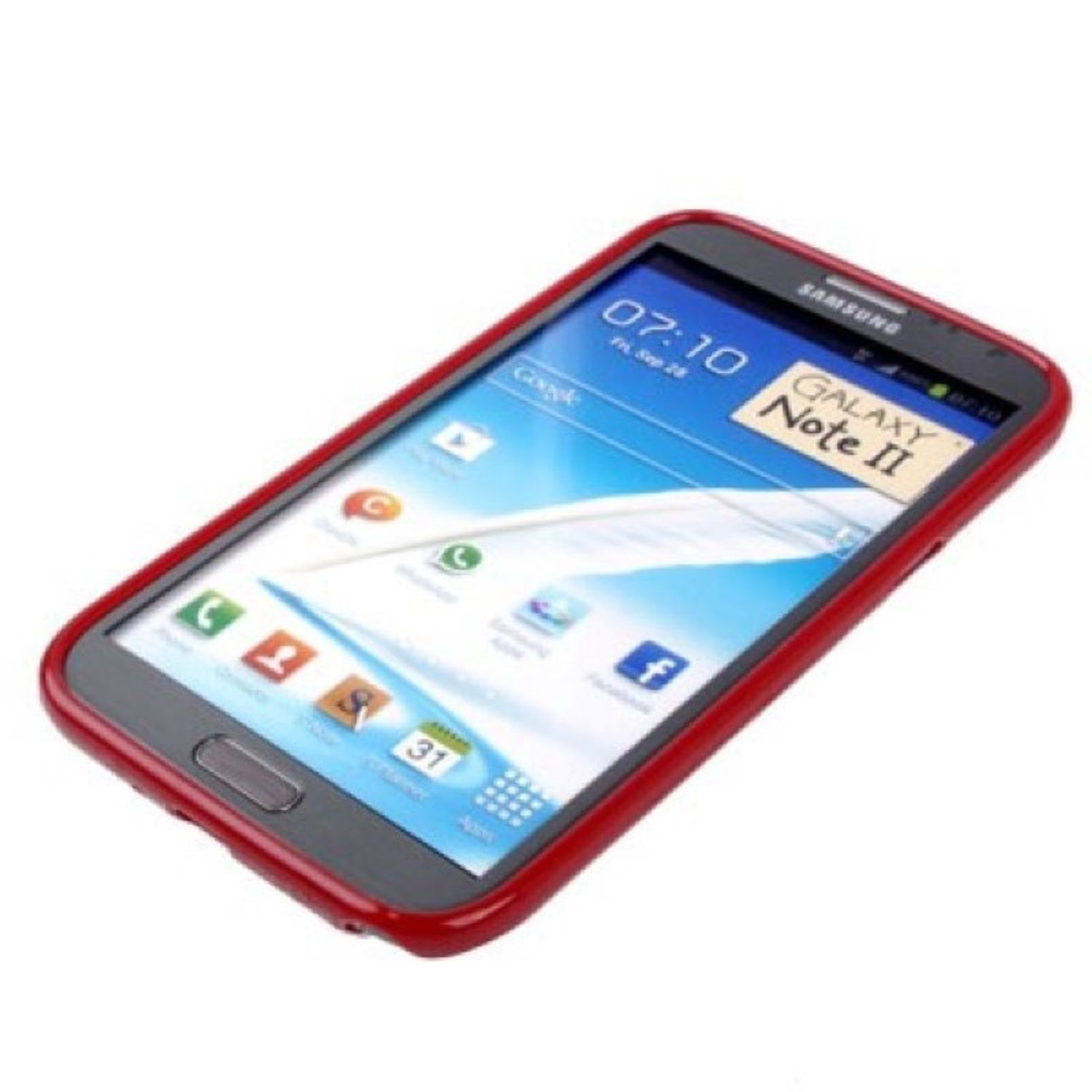 Ein Telefon in roter Hülle auf weißem Hintergrund, das Datum und Uhrzeit anzeigt. Samsung Galaxy Note II.