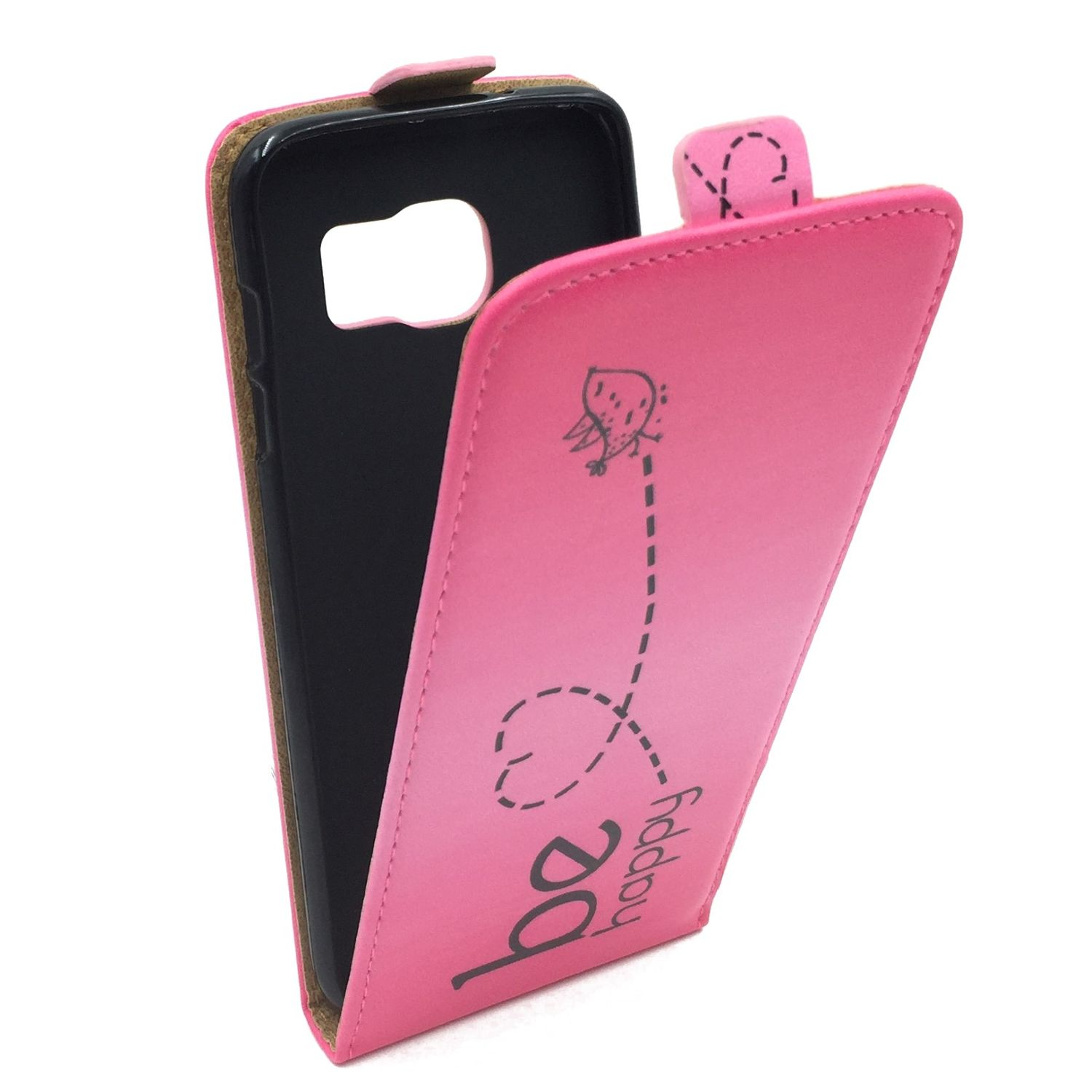 Eine pinke Handyhülle mit einem schwarzen Telefon darin. Das Etui hat ein Käferdesign und die Worte „be happy“.