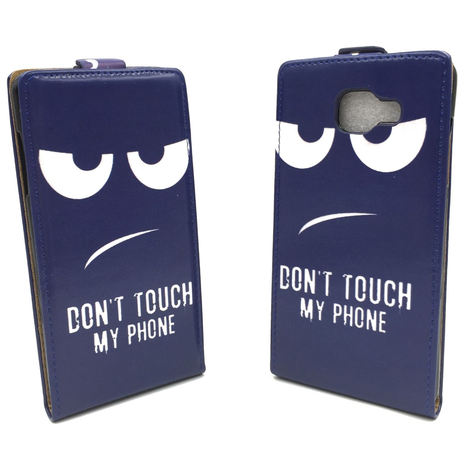 Blaue Handyhülle mit Gesicht und Text: "DON'T TOUCH MY PHONE".