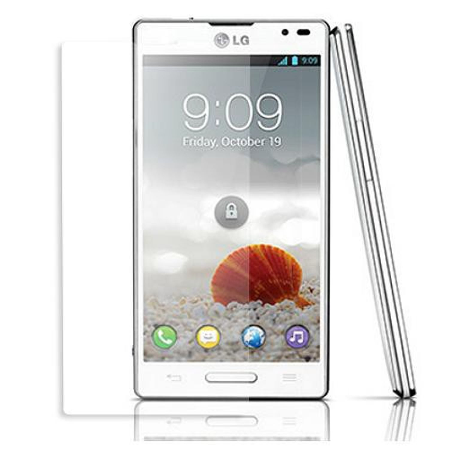 LG-Smartphone mit Touchscreen, Uhrzeit 9:09. Auf dem Bildschirm ist eine Muschel. Weißes Telefon, Displayschutz.
