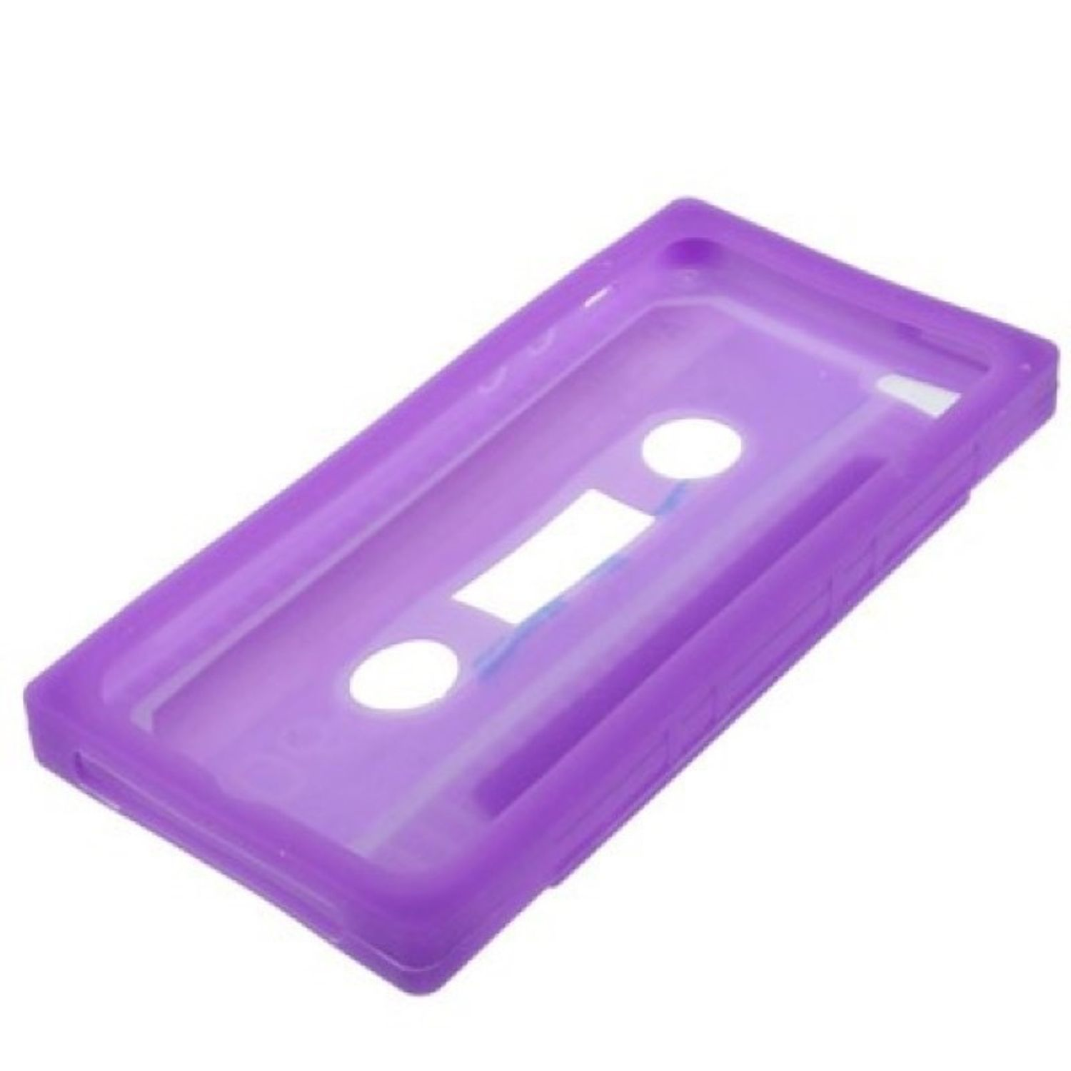 Eine lila, durchscheinende Handyhülle in Form einer Kassette.