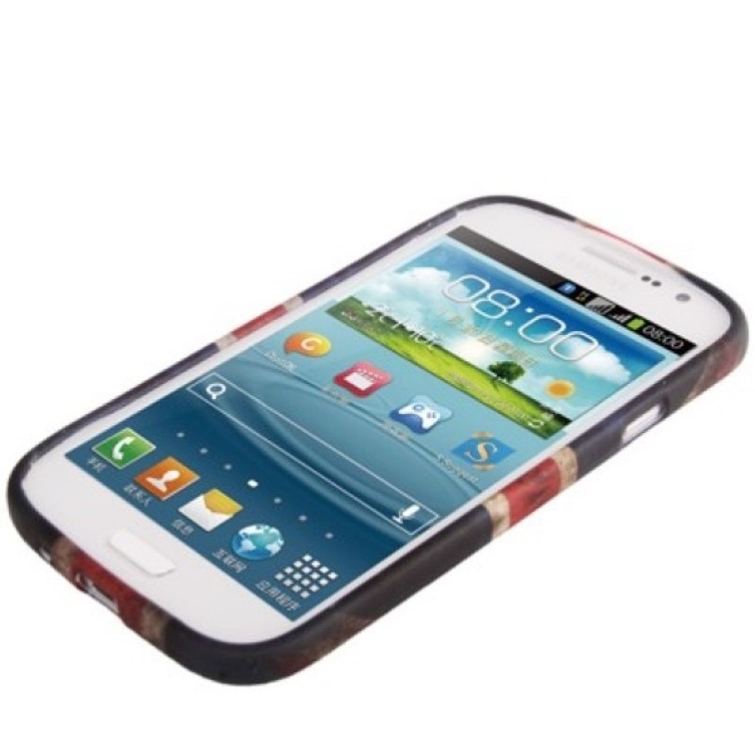 Ein weißes Telefon mit einem Union Jack-Gehäuse, das die Uhrzeit 08:00 auf dem Bildschirm anzeigt.