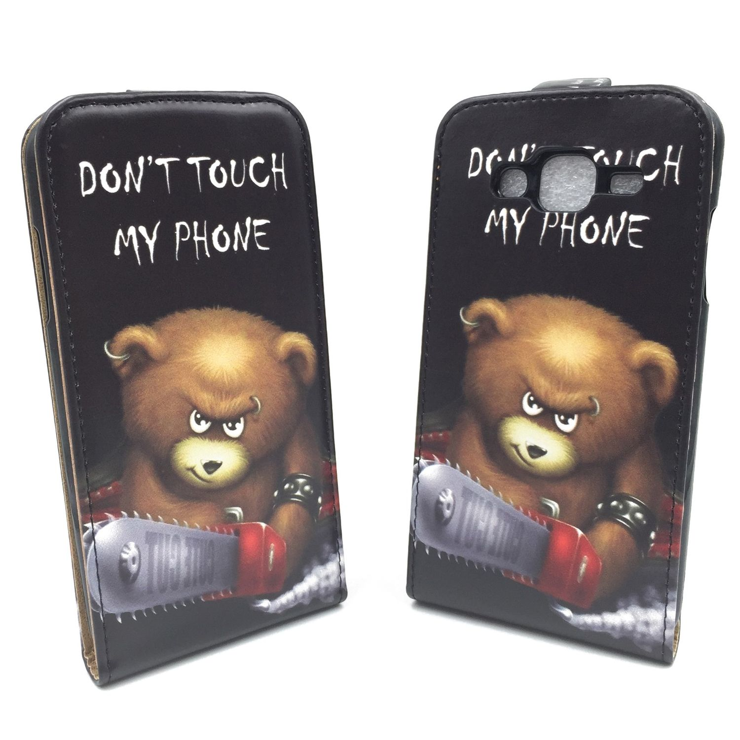 Zwei Handyhüllen mit Teddybären-Design. Der Text lautet: "FASS MEIN TELEFON NICHT AN".