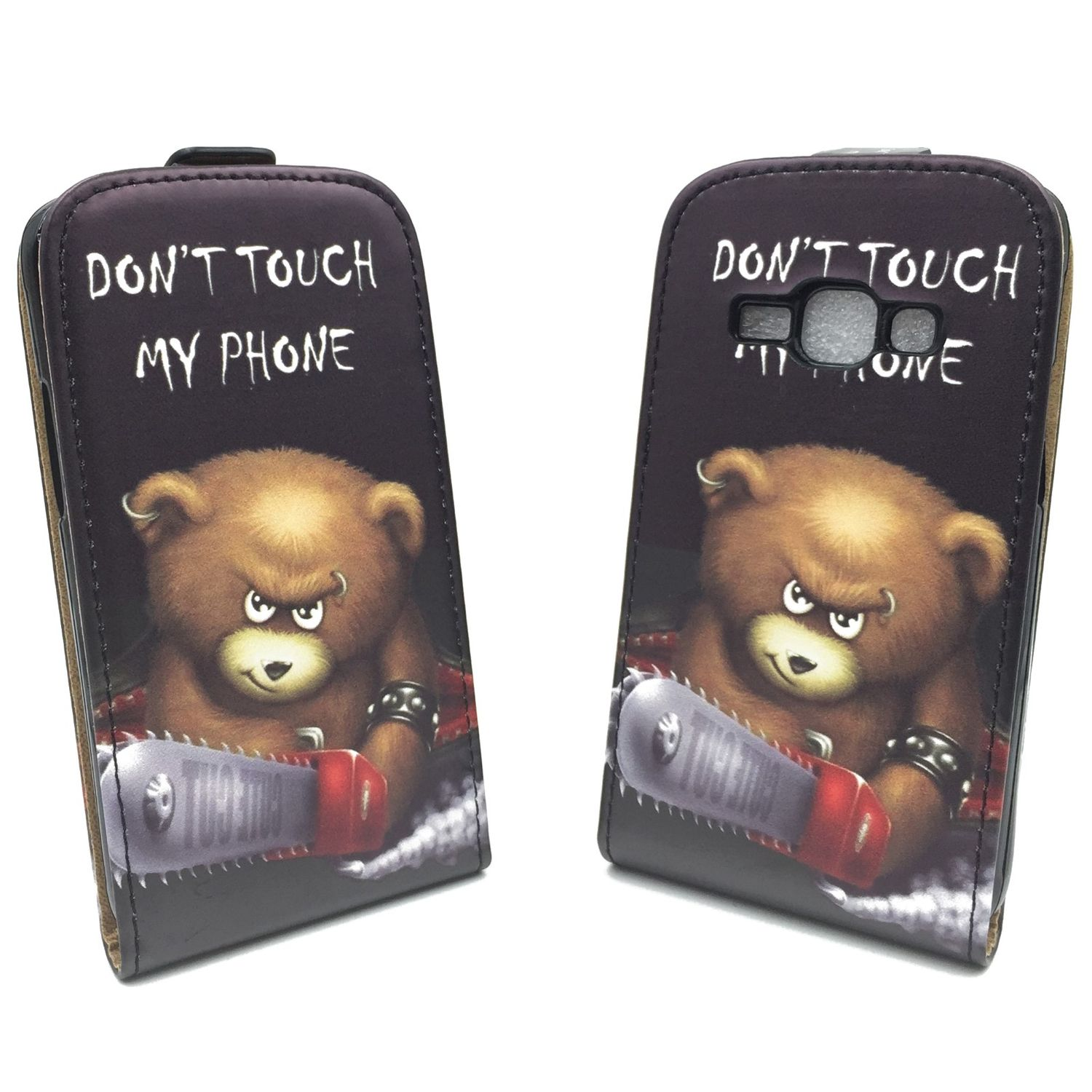 Zwei Handyhüllen. Jede hat einen Comic-Bären, der eine Kettensäge hält, mit dem Text „DON'T TOUCH MY PHONE“.