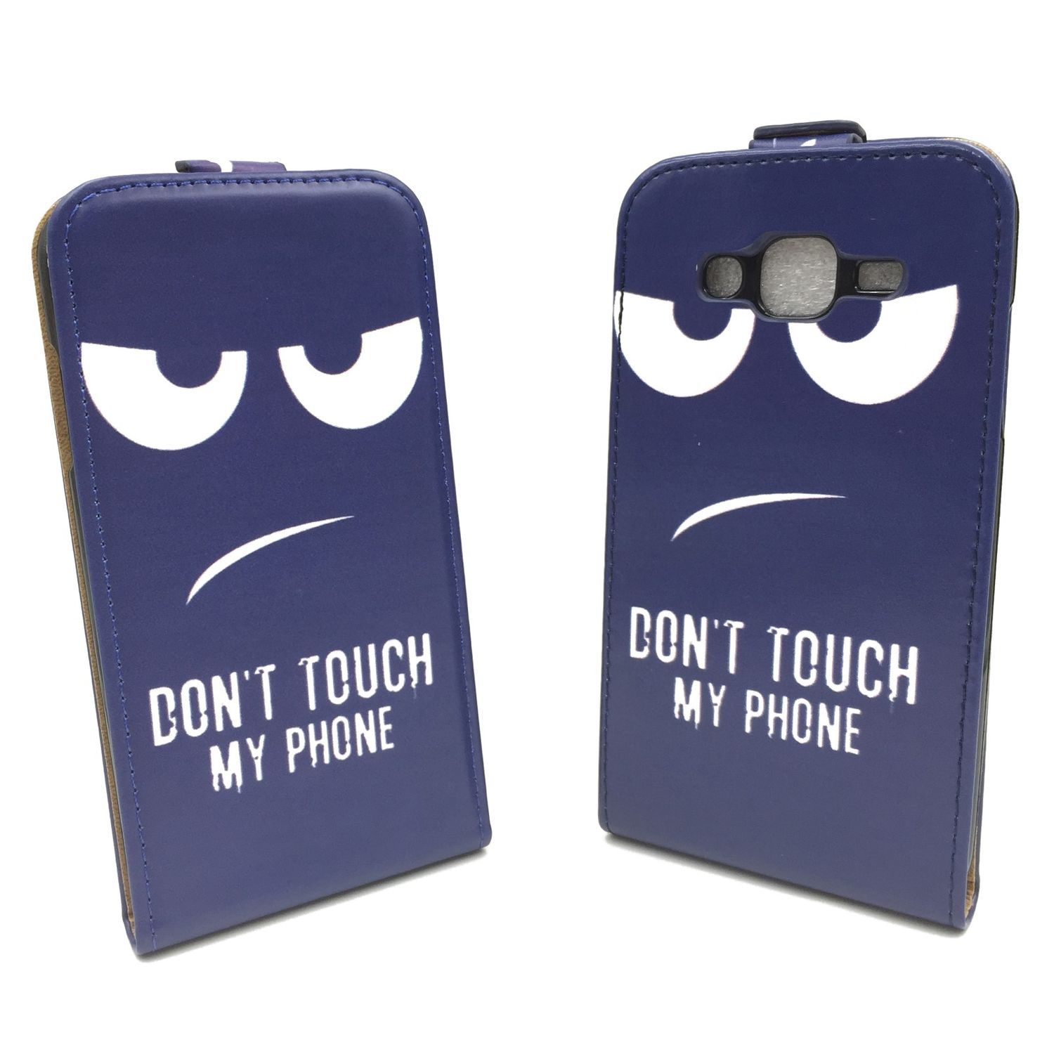 Zwei blaue Handyhüllen mit grimmigem Gesicht und dem Text "DON'T TOUCH MY PHONE".