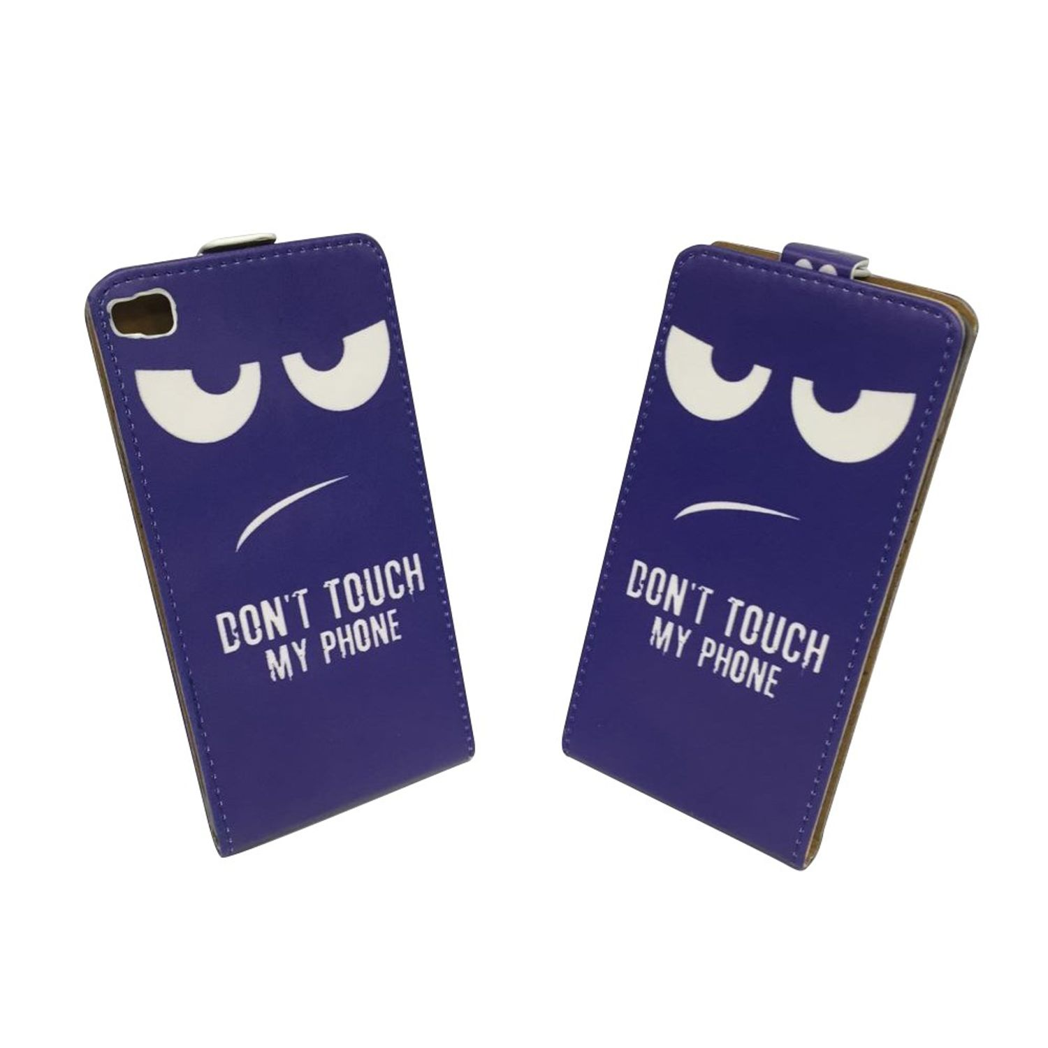 Zwei blaue Handyhüllen. Jede Hülle hat ein wütendes Gesicht und den Text: Don't touch my phone.