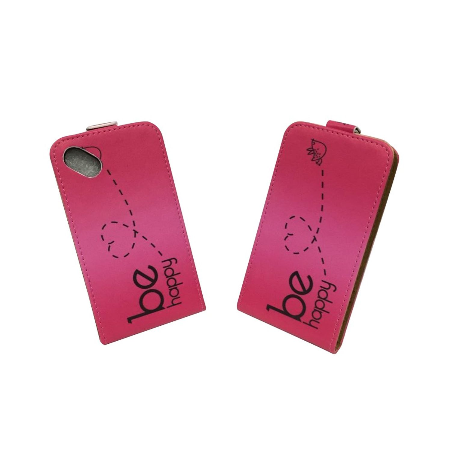 Zwei pinke Handyhüllen. Text: be happy und eine gepunktete Linie mit Herz.