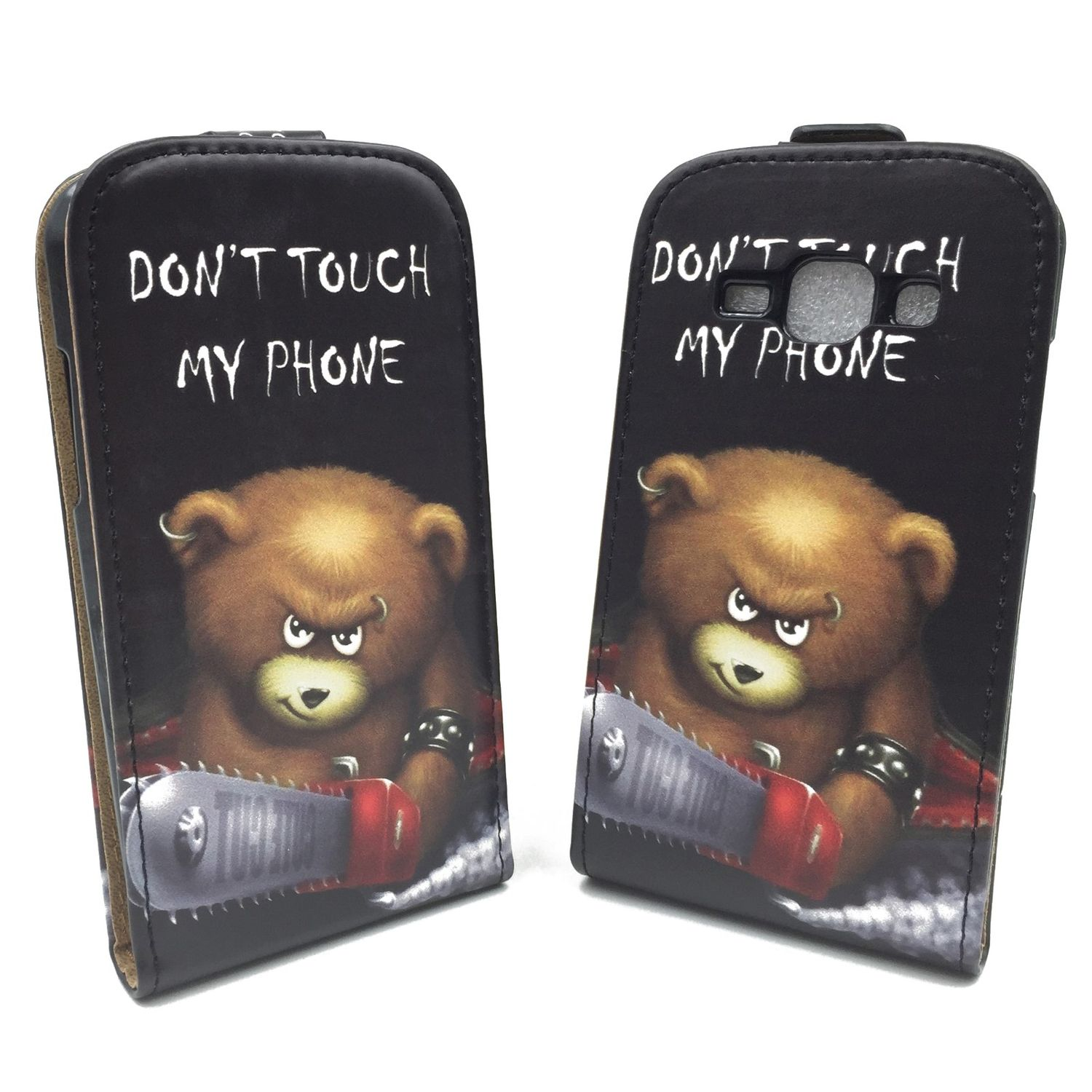 Zwei Handyhüllen mit einem Bären, der eine Kettensäge hält, und dem Text "DON'T TOUCH MY PHONE".