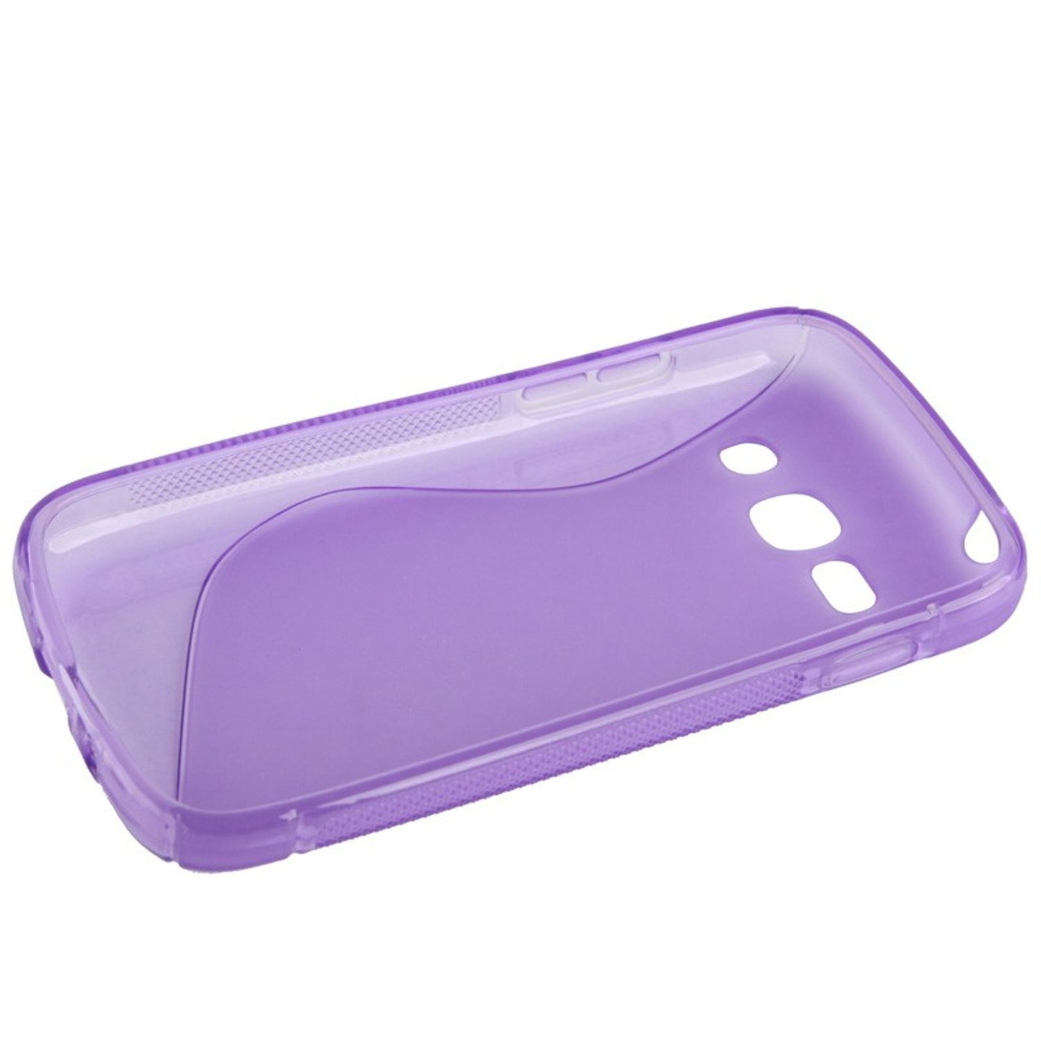 Lila Handyhülle, transparent mit wellenförmigem Design, schräge Ansicht, weißer Hintergrund.