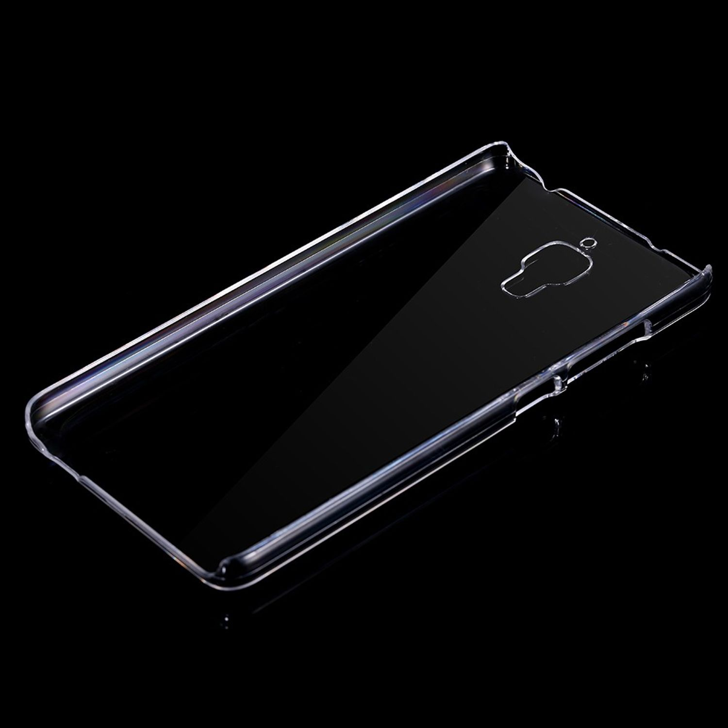 Transparente Handyhülle mit transparentem Design auf schwarzem Hintergrund.