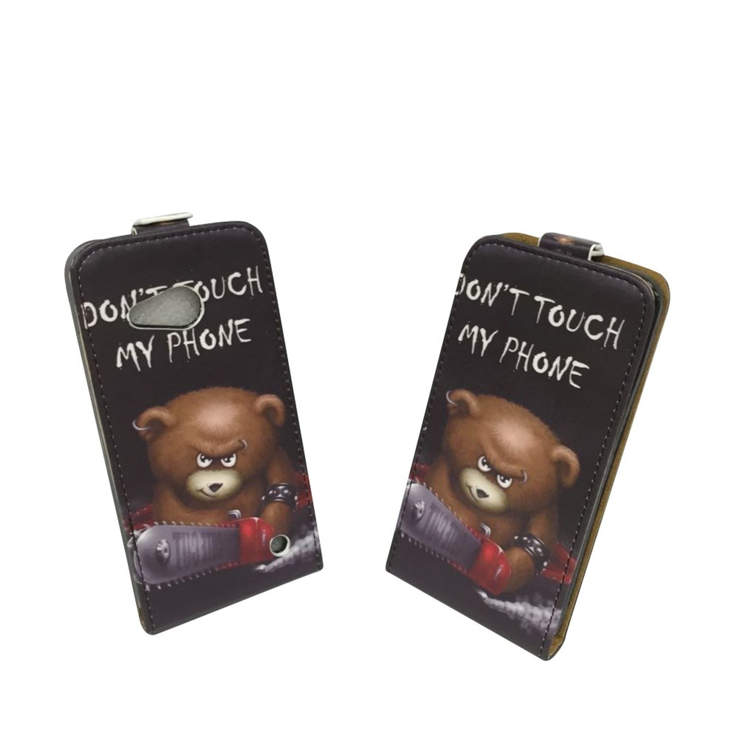 Zwei Handyhüllen mit einem Bären-Design und dem Text 'DON'T TOUCH MY PHONE'.