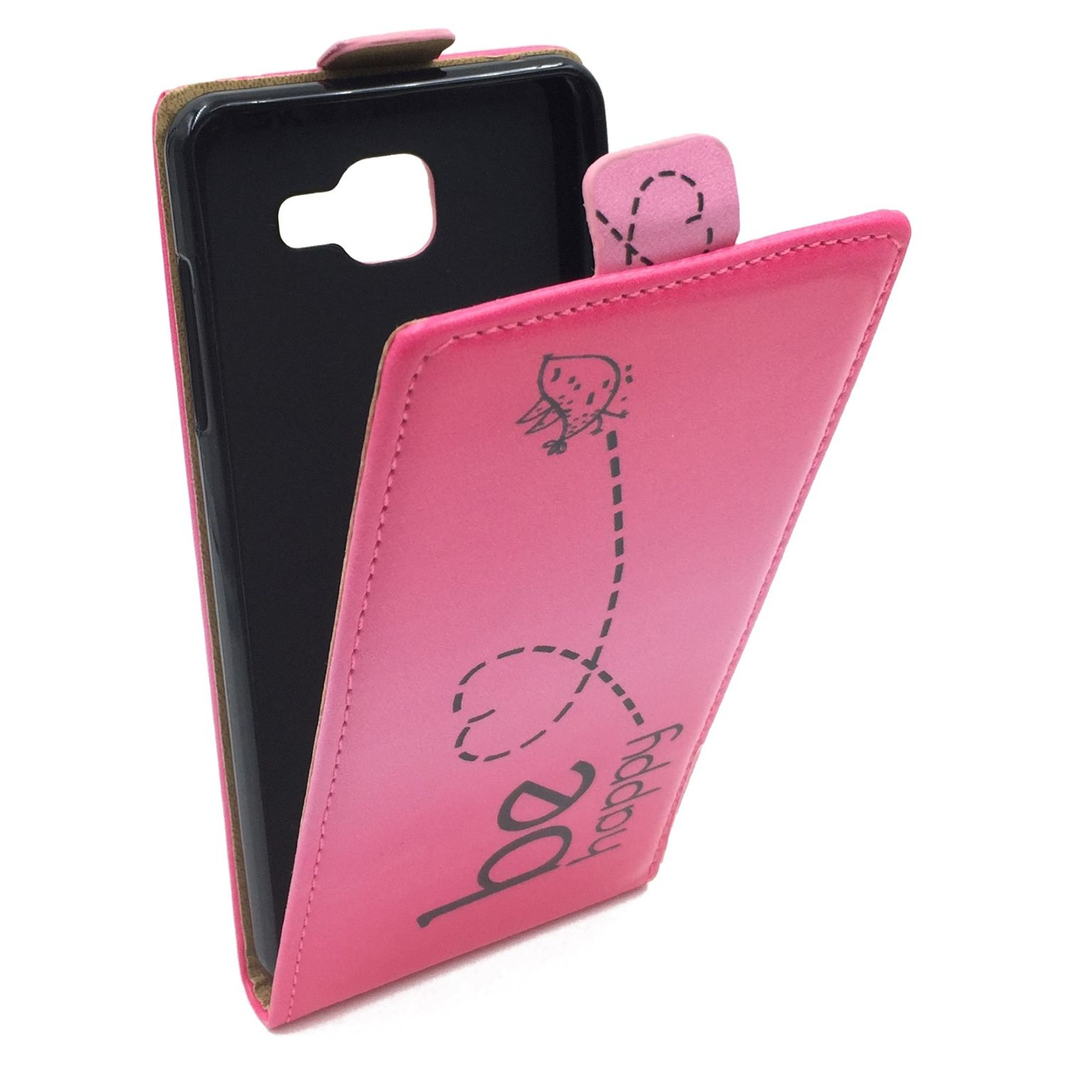 Eine rosa Handyhülle mit einem „Sei glücklich“-Design.
