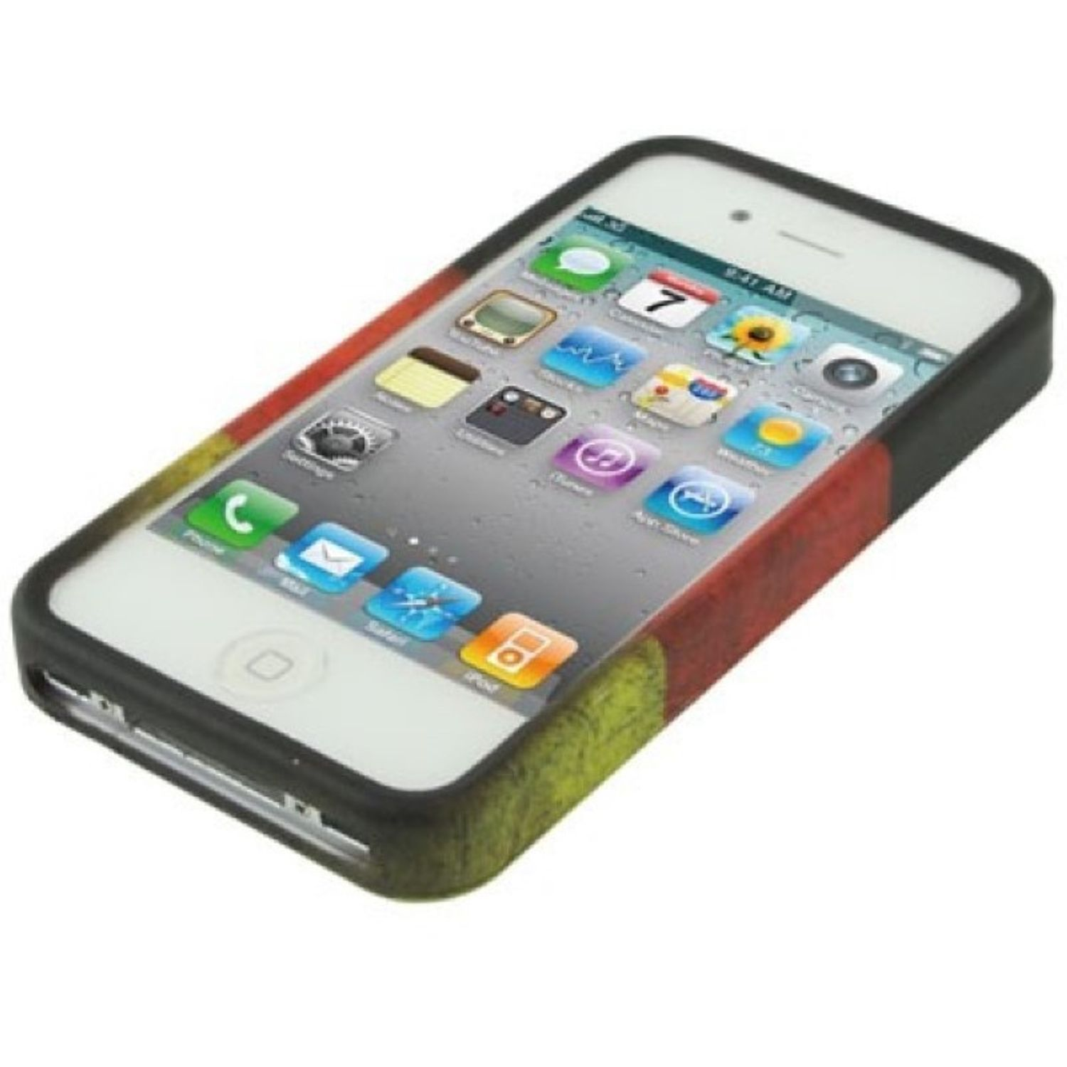 Ein iPhone in einer Schutzhülle. Die Hülle hat ein farbenfrohes Design.