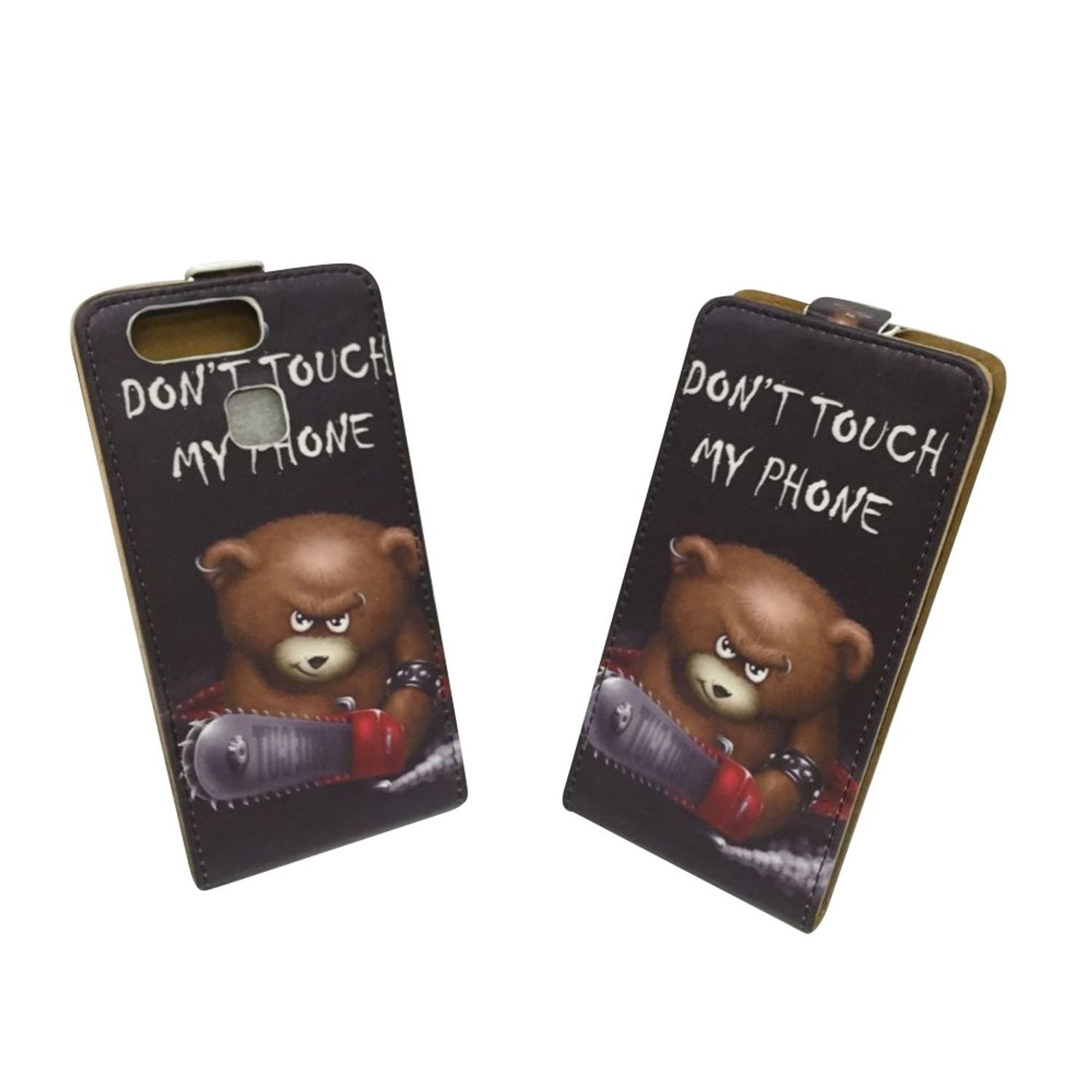 Zwei Handyhüllen mit einem Bären, der eine Kettensäge hält. Text lautet "DON'T TOUCH MY PHONE".