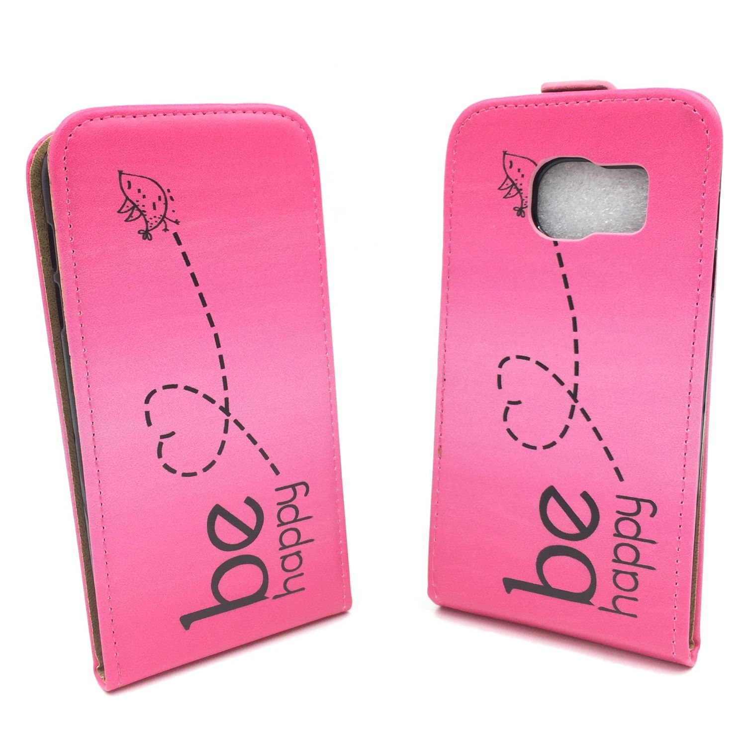 Rosa Handyhülle mit einem "be happy" Design mit gepunkteter Linie und Biene.