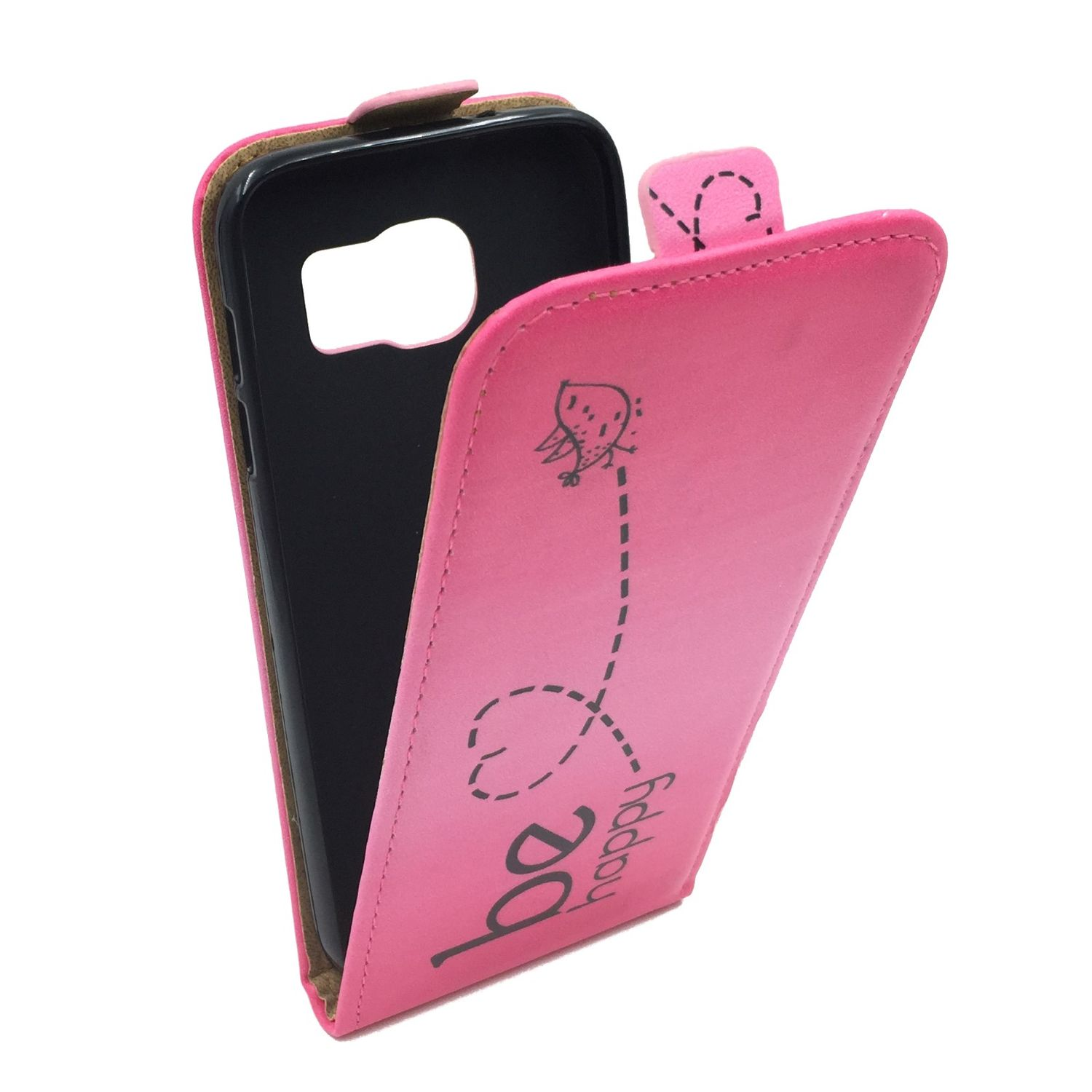 Pinkfarbene Handyhülle geöffnet, um ein schwarzes Telefon zu zeigen. 'Be happy' mit Biene.