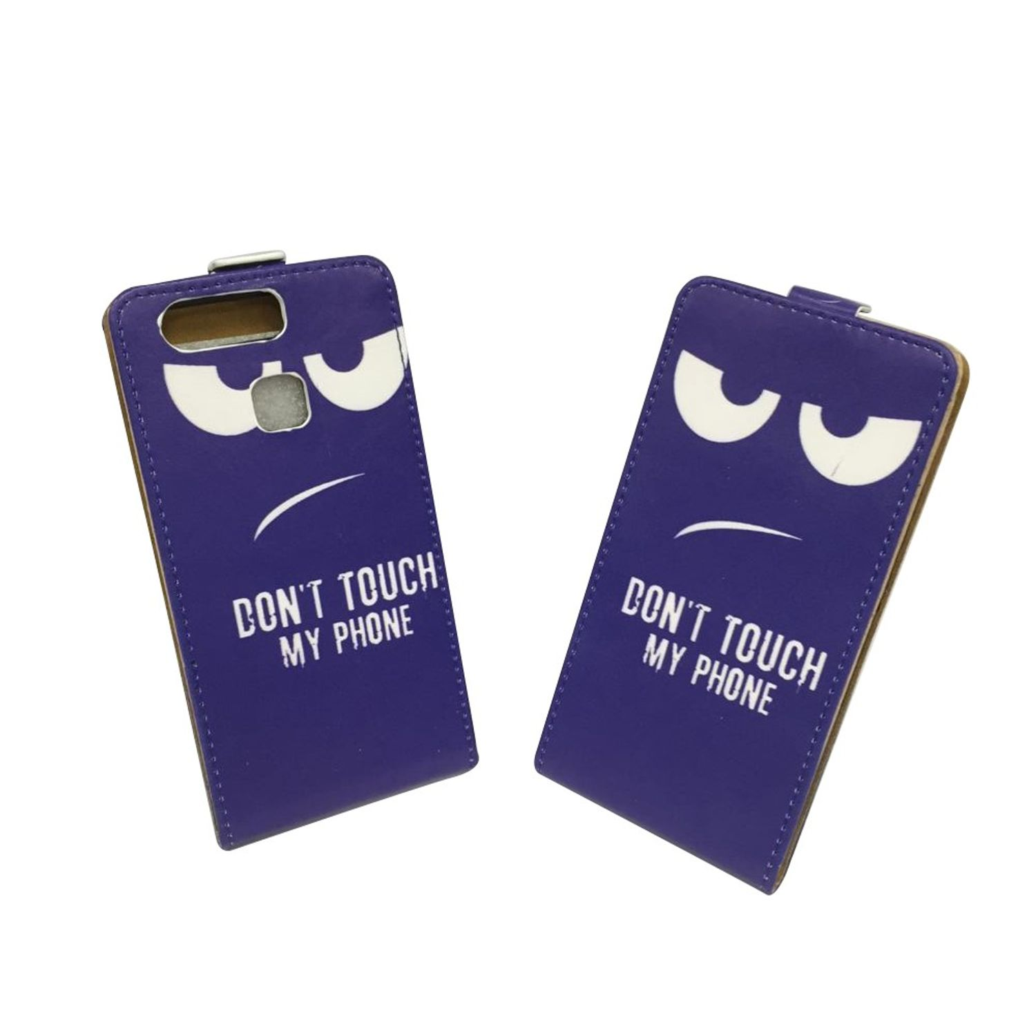 Zwei Handyhüllen mit grummeligem Gesicht und dem Text 'DON'T TOUCH MY PHONE'.