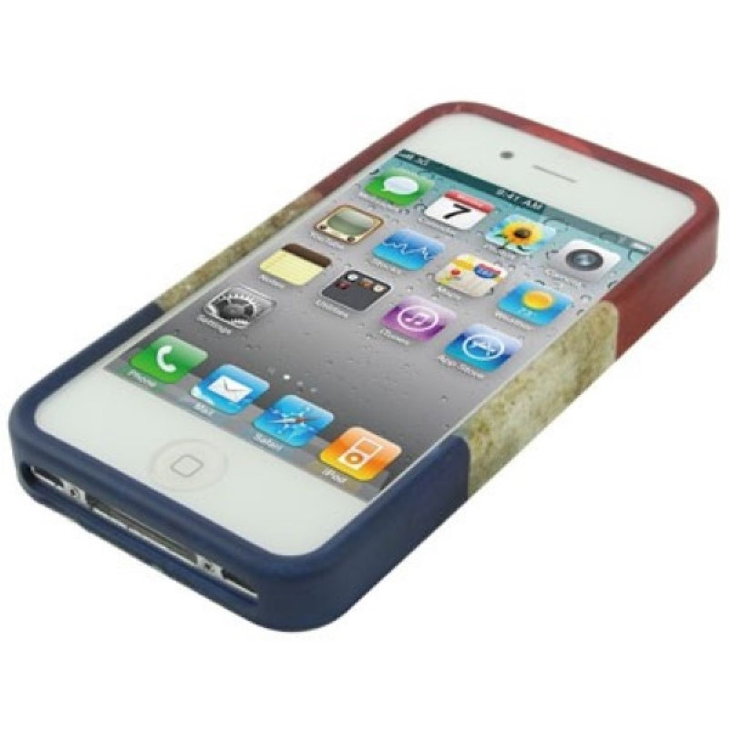 Ein iPhone in einer Hülle, die Hülle ist blau und beige, das Telefon vor weißem Hintergrund.