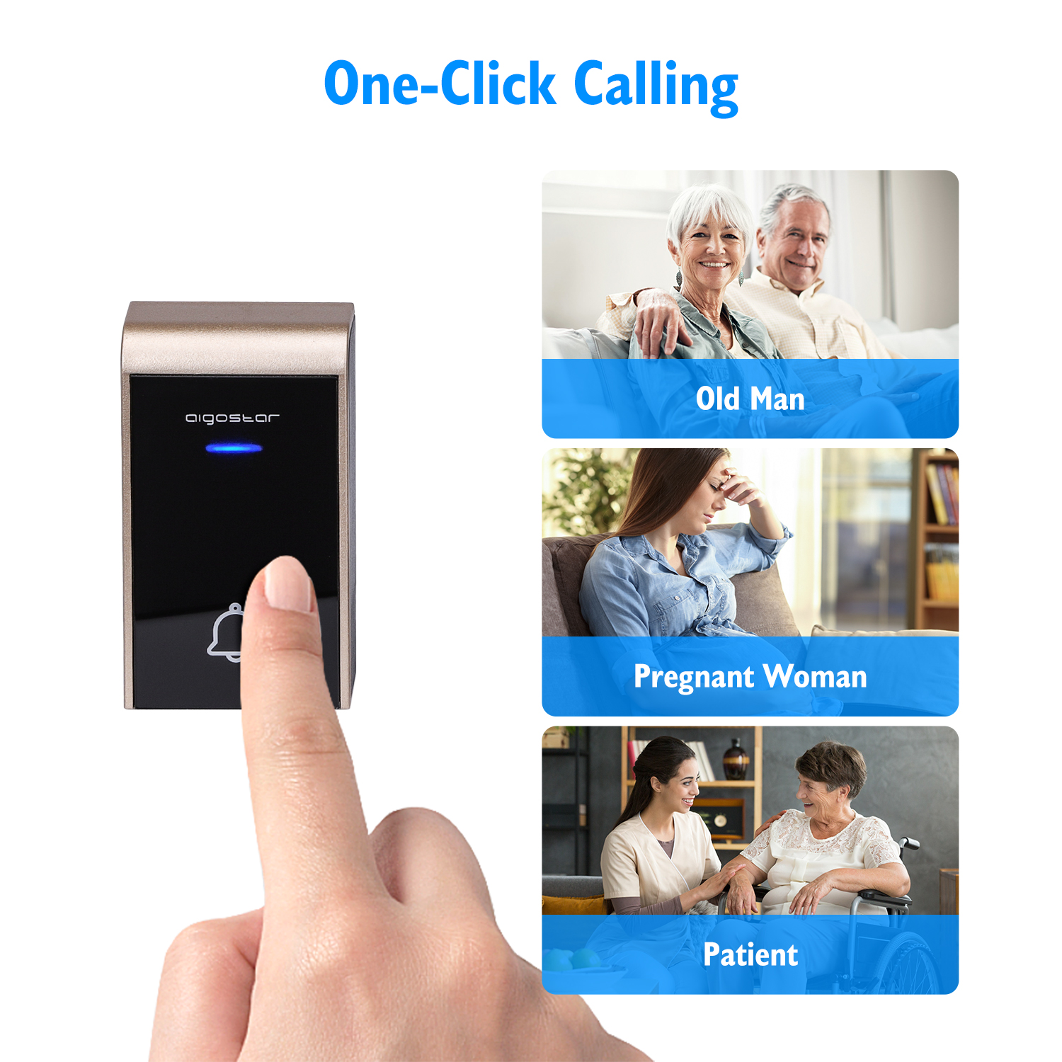 Türklingel mit Bildern eines alten Mannes, einer schwangeren Frau und eines Patienten, mit dem Text 'One-Click Calling'.