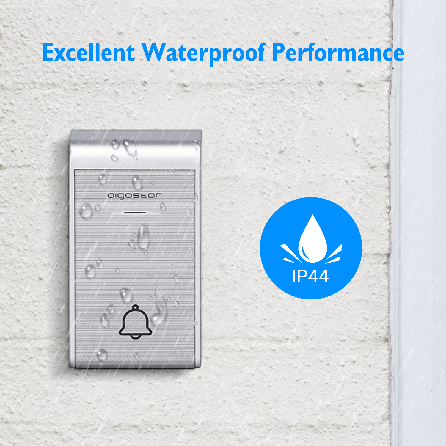 Silberne Türklingel mit Wassertropfen. Text: 'Excellent Waterproof Performance' und 'IP44'.