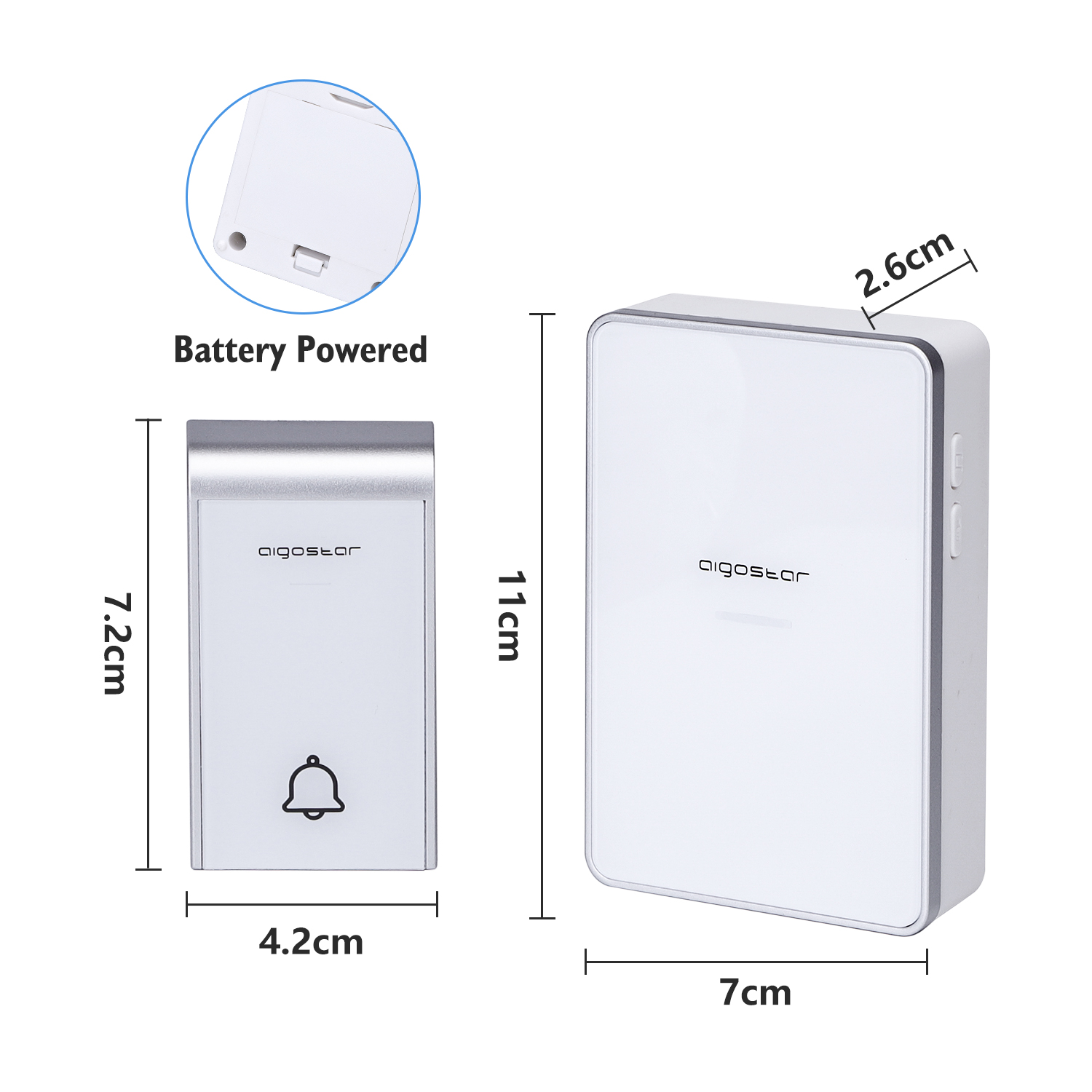 Eine weiße Türklingel mit Abmessungen und einem batteriebetriebenen Etikett.